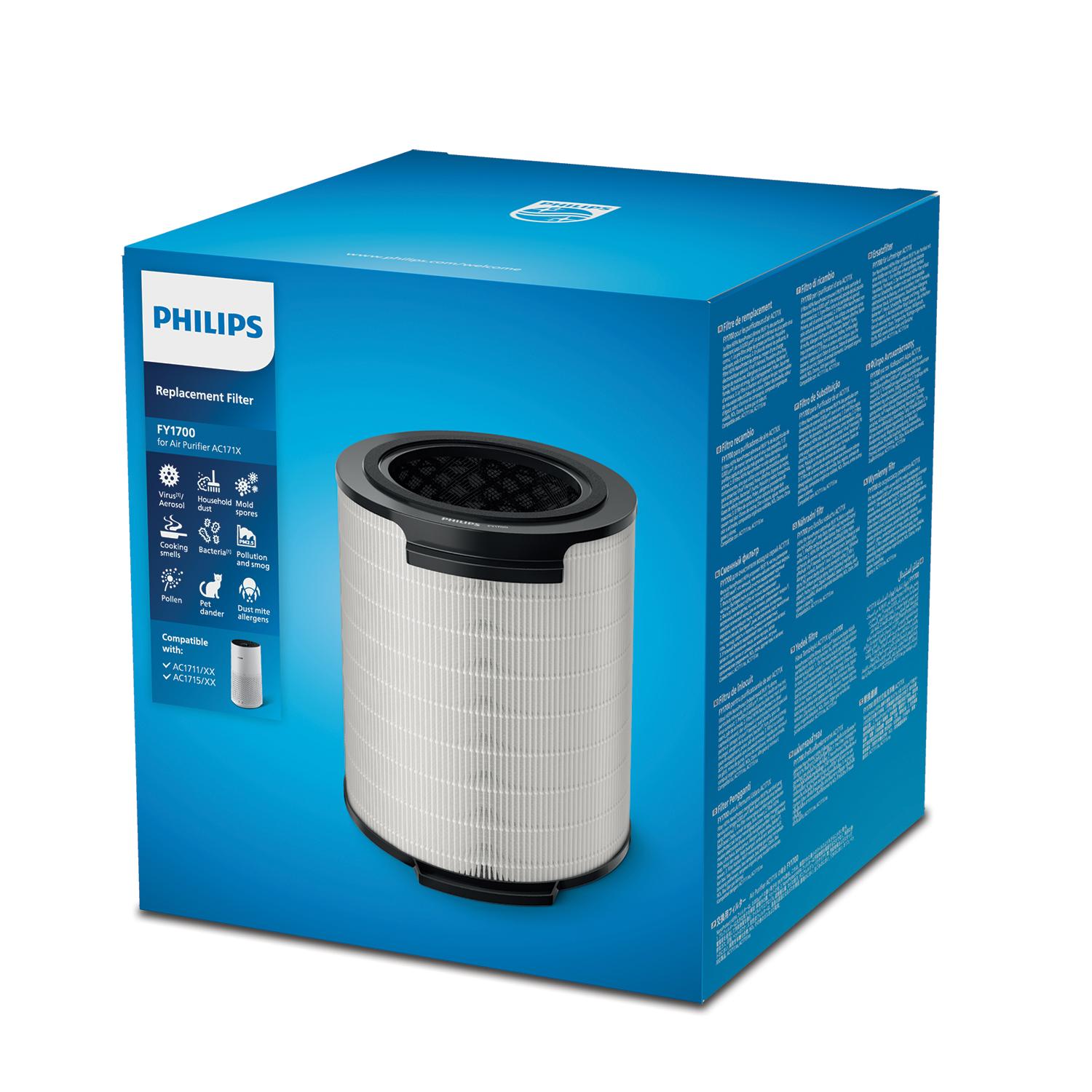 Philips Ersatzfilterbox. Sie ist weiß und schwarz. Text auf der Box.
