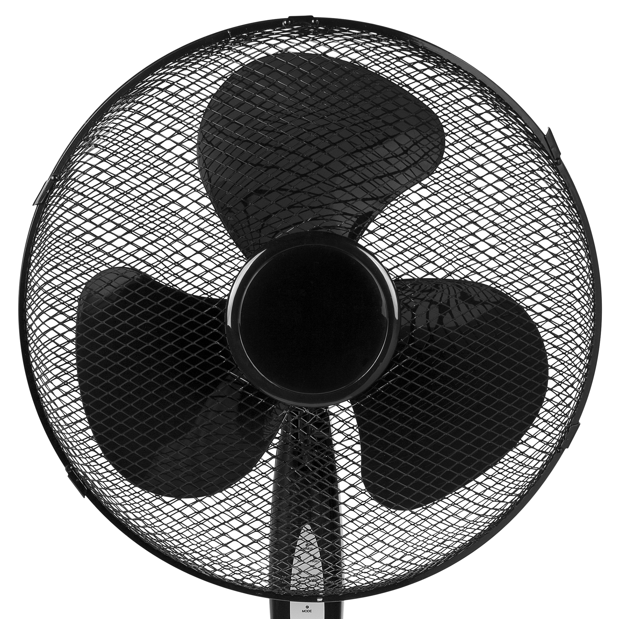Ventilador negro, vista superior. Tres aspas, rejilla de malla, soporte negro.