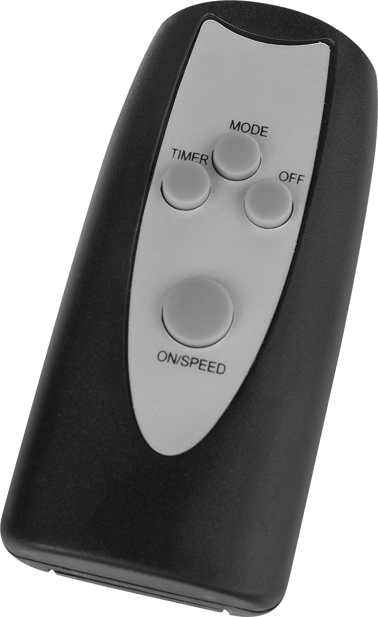 Mando a distancia negro con cuatro botones grises. Botones etiquetados: TIMER, MODE, OFF y ON/SPEED.