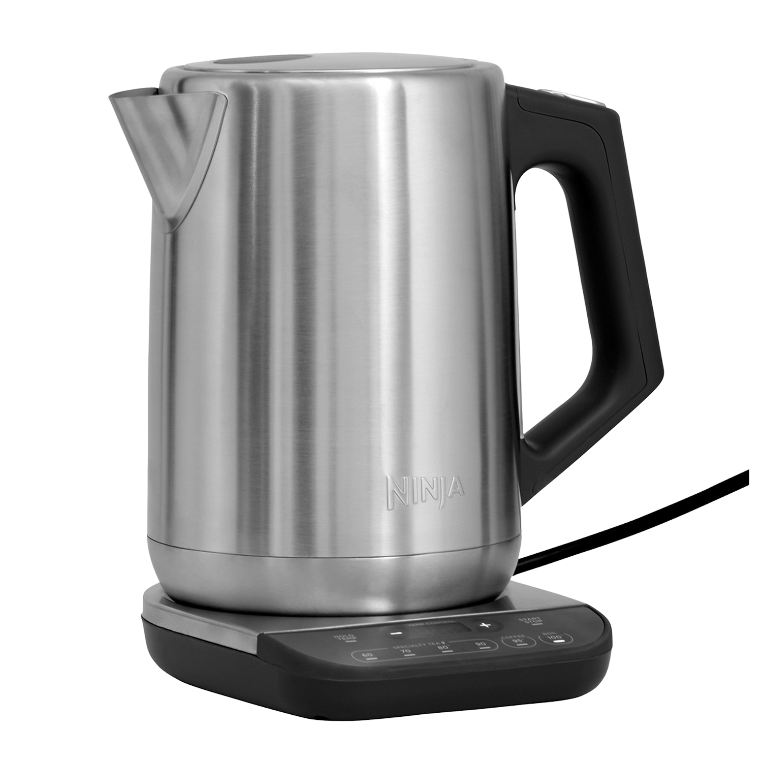 Srebrny czajnik elektryczny na czarnej podstawie z przyciskami sterowania, uchwytem i wylewką.