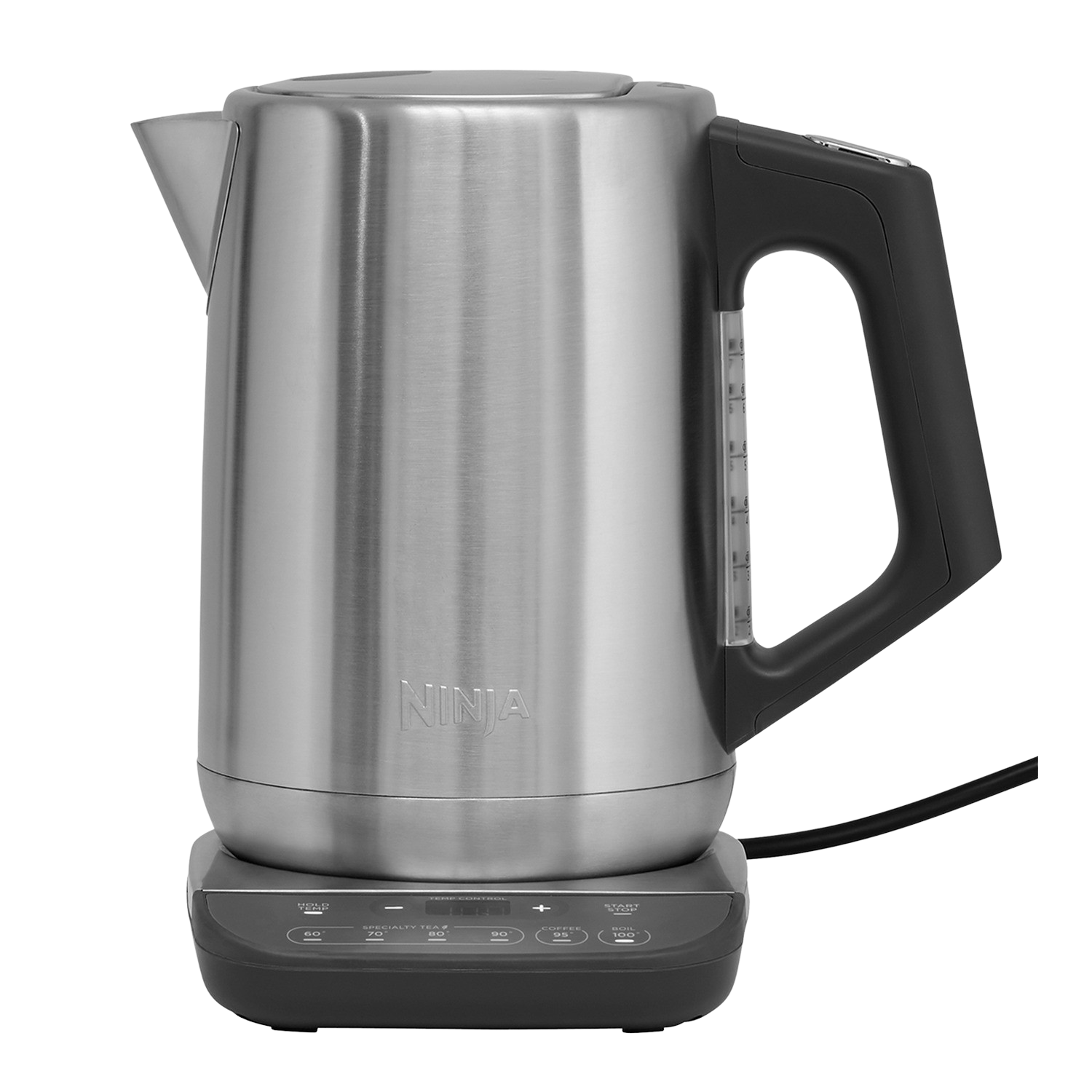 Elektryczny czajnik Ninja ze stali nierdzewnej z czarną podstawą i uchwytem.
