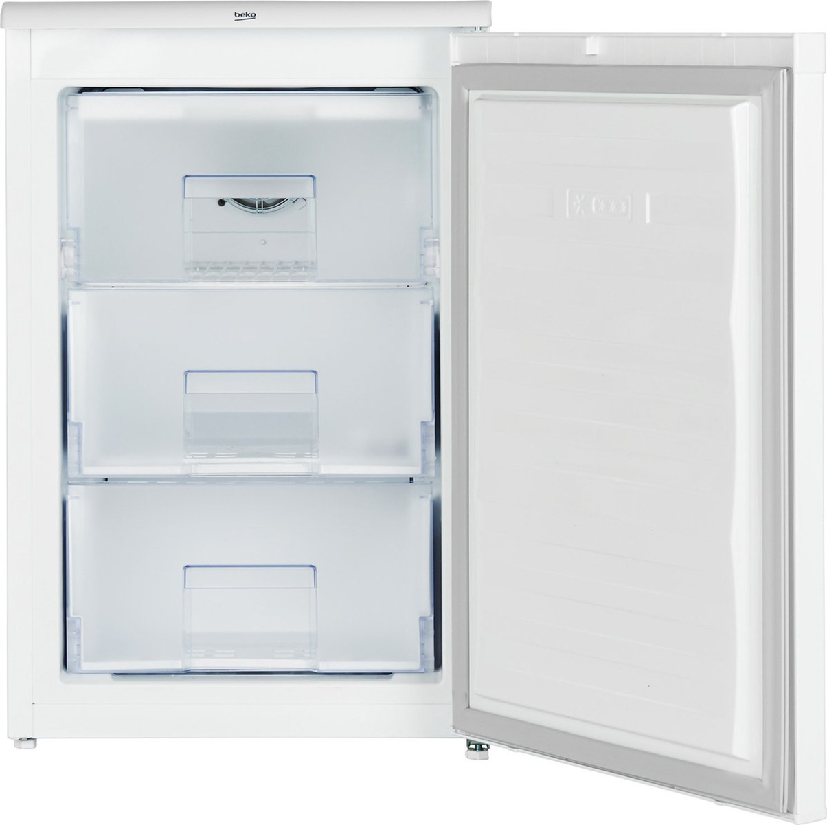 Congelatore bianco con porta aperta. Tre cassetti sono visibili all'interno.