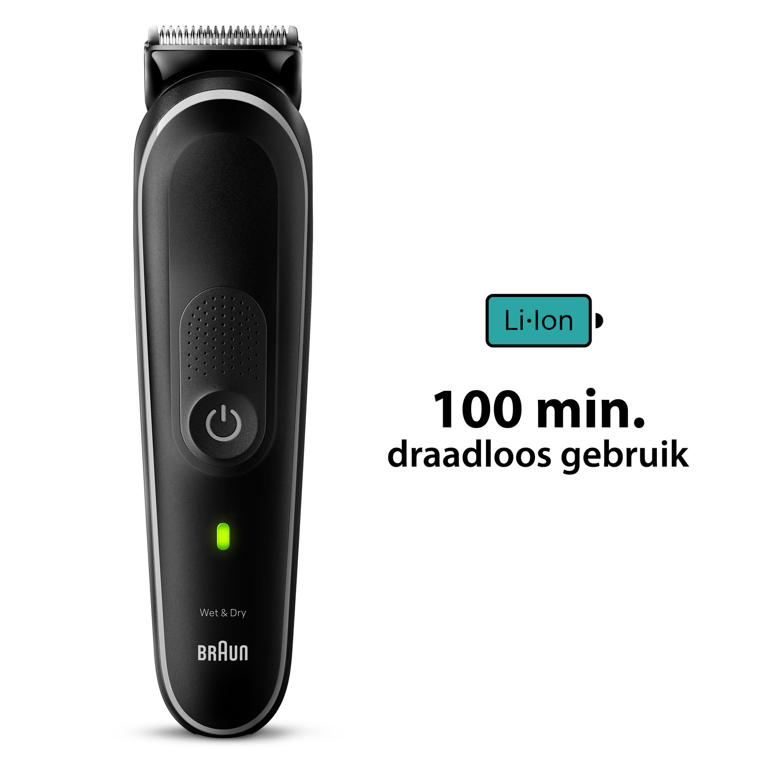 Un rasoio Braun nero con una luce verde e un'icona della batteria. È un rasoio Wet & Dry e funziona per 100 minuti.