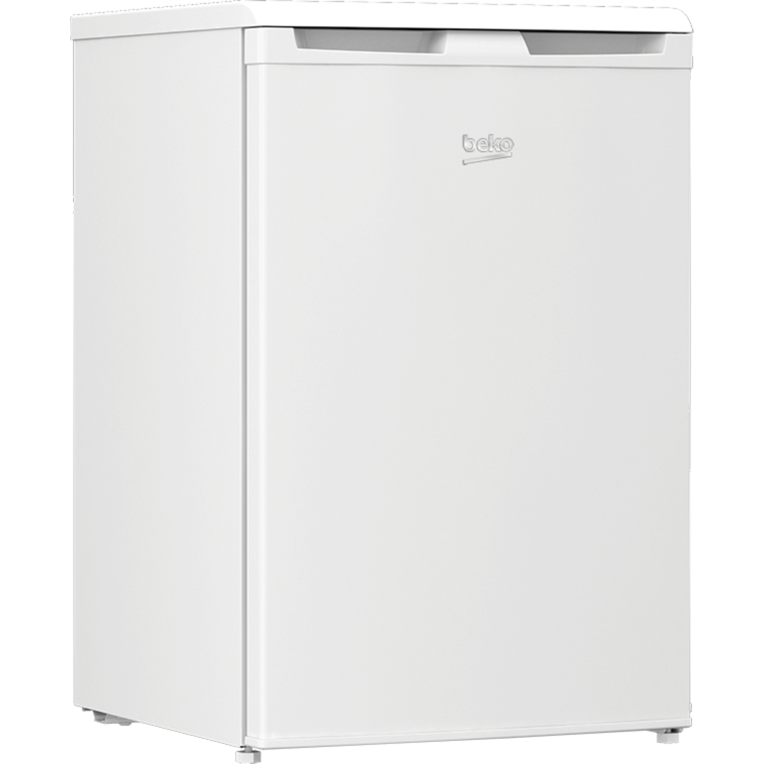 Mini-frigorifero Beko bianco. Vista frontale, con sfondo nero. Logo Beko sulla porta.