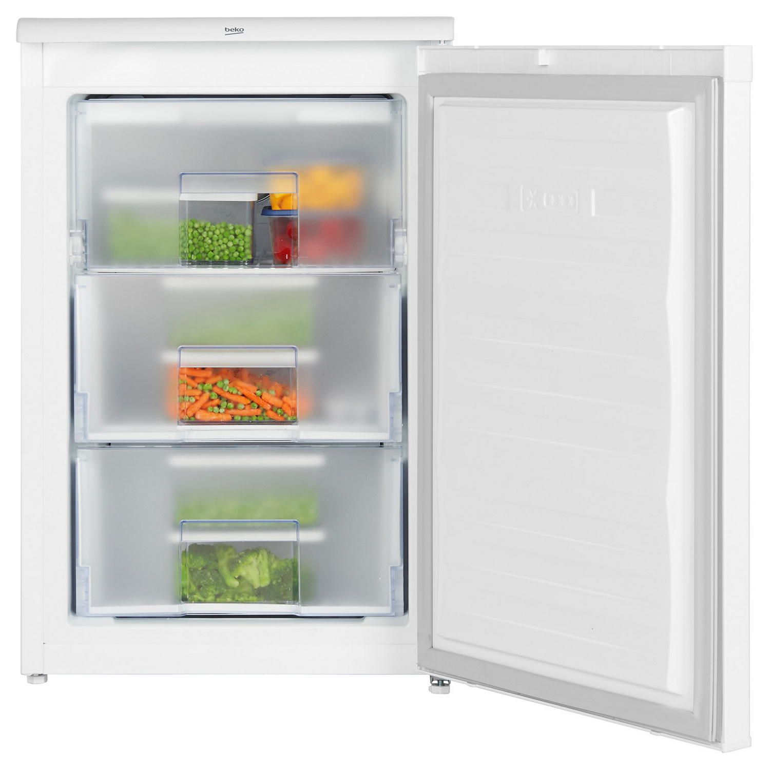 Congelatore Beko bianco. La porta è aperta, rivelando cassetti con cibo congelato.