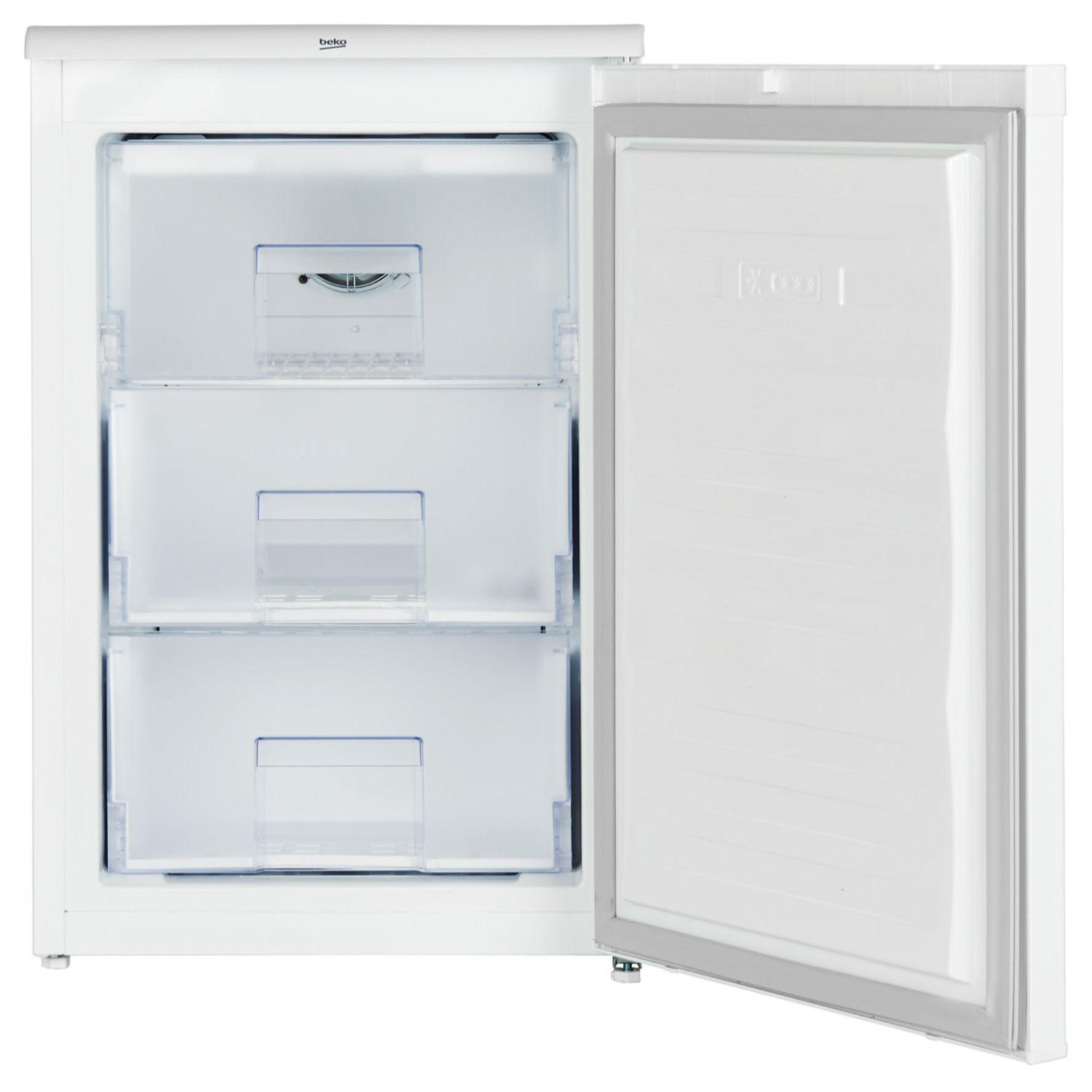 Congelatore Beko bianco con tre cassetti, porta aperta. Interno vuoto. Sfondo bianco.