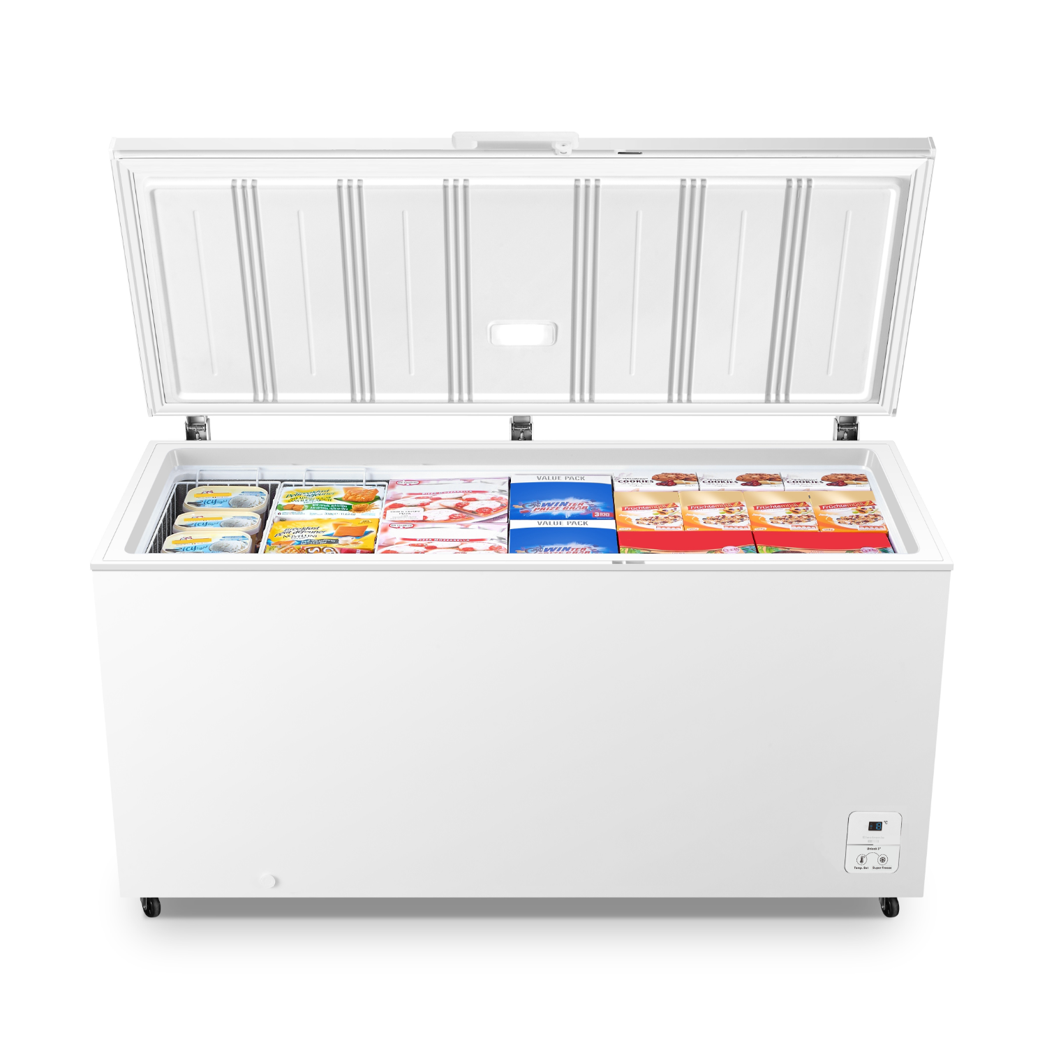 White chest freezer open, revealing frozen food. Lid open. Food items visible.