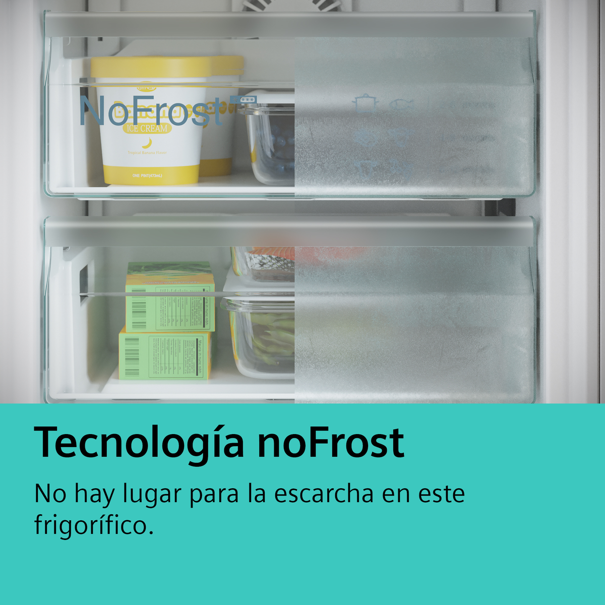 Kühlschrank-Innenraum. Zwei Regale mit Lebensmitteln. Eis und Gemüse. NoFrost-Technologie-Text.