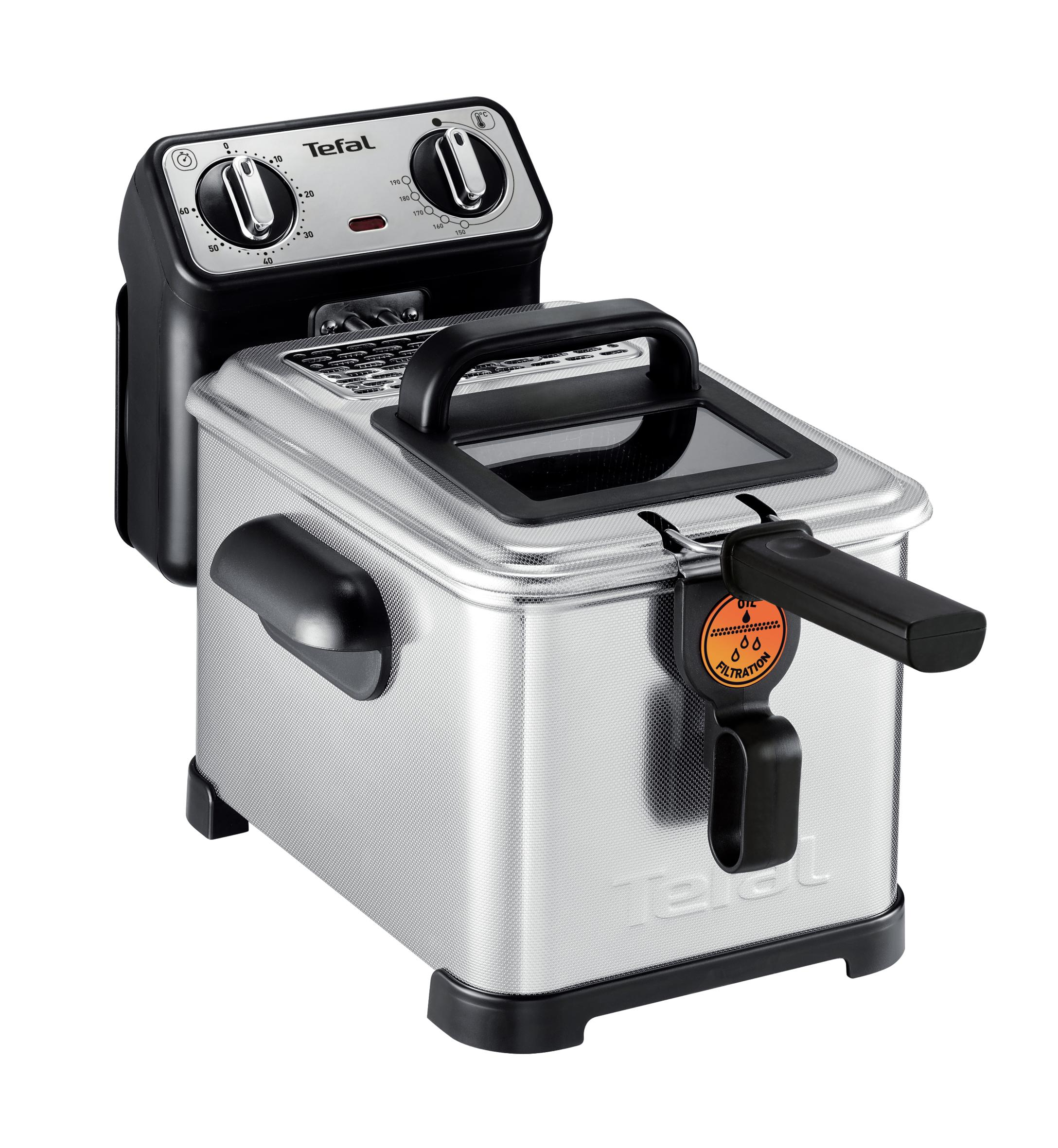 Una friggitrice Tefal argentata e nera con comandi, una maniglia e un'etichetta del filtro.