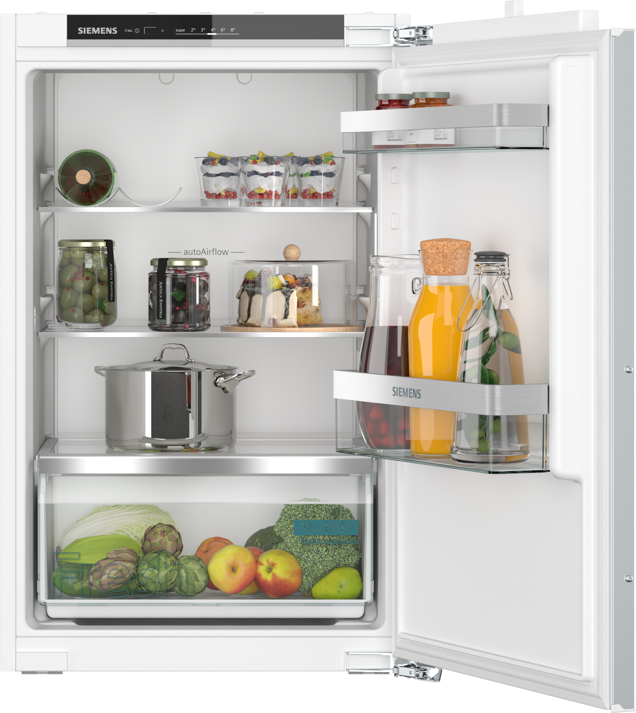 Siemens refrigerator, open, with shelves containing various food items like fruit and jars.