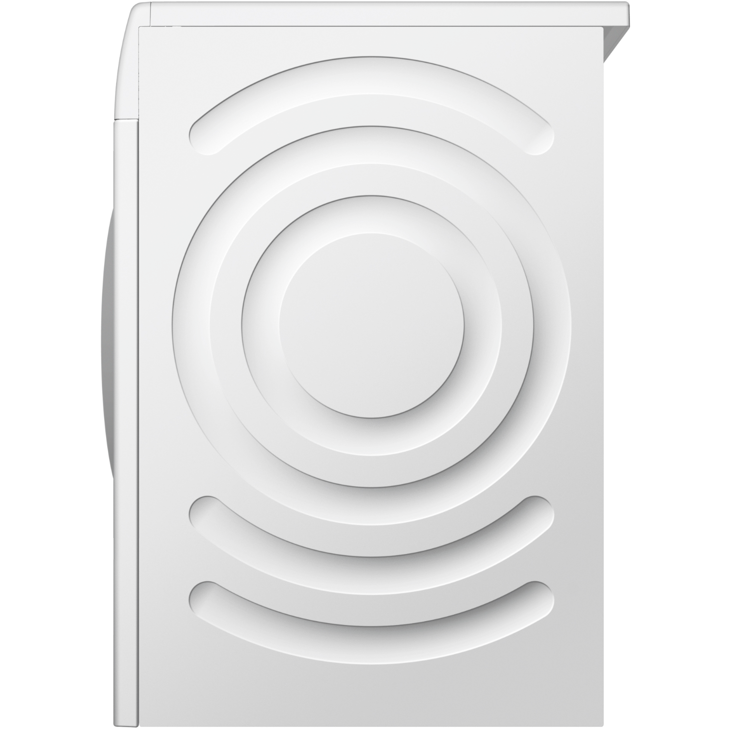 White washing machine, front view. Features a circular design and control panel. Black background.