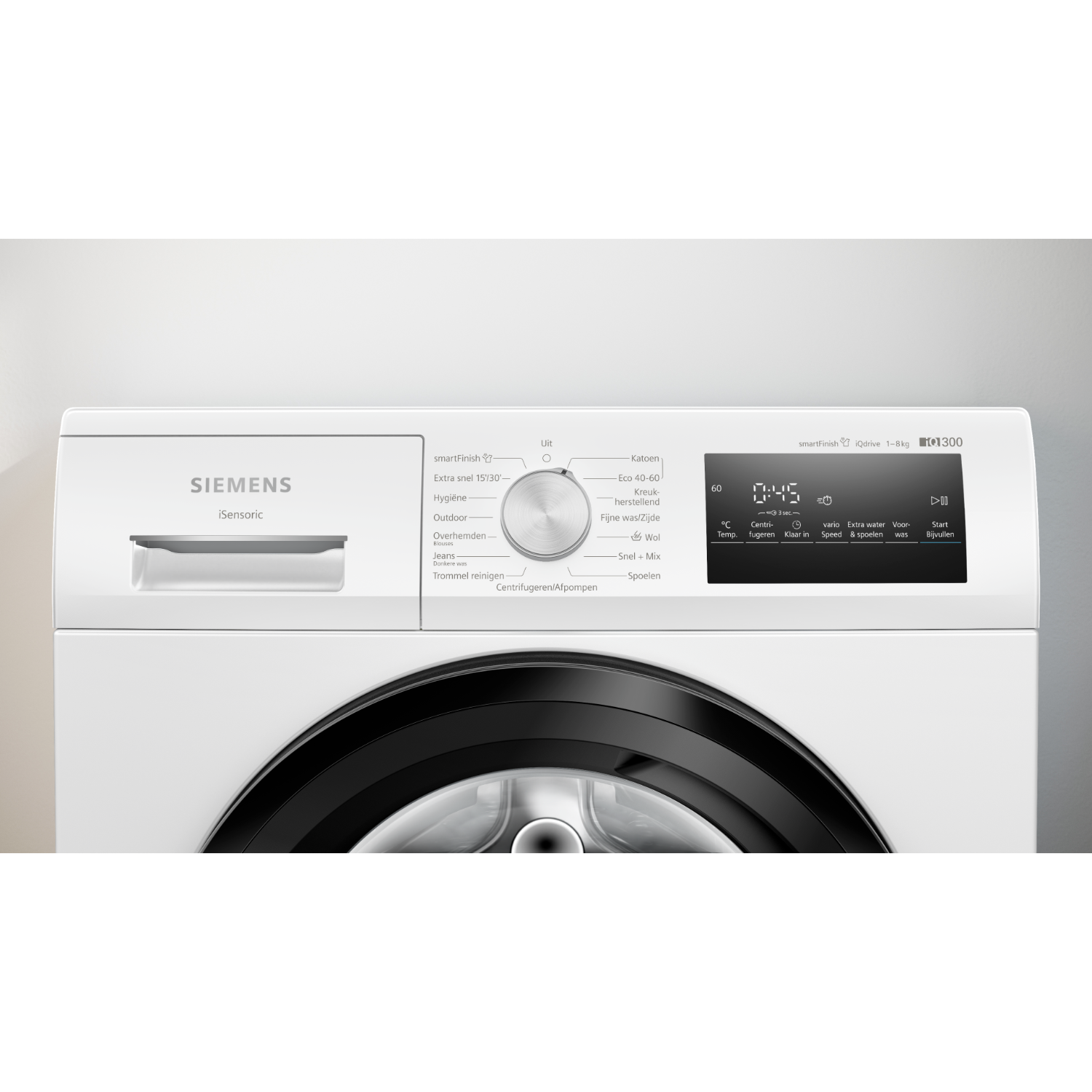 Close up of a white Siemens washing machine control panel with a dial and a digital display.