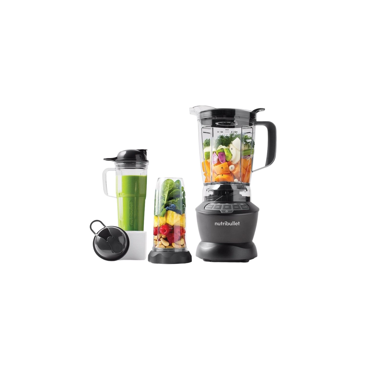 Ensemble de mixeur Nutribullet avec plusieurs tasses et une base.