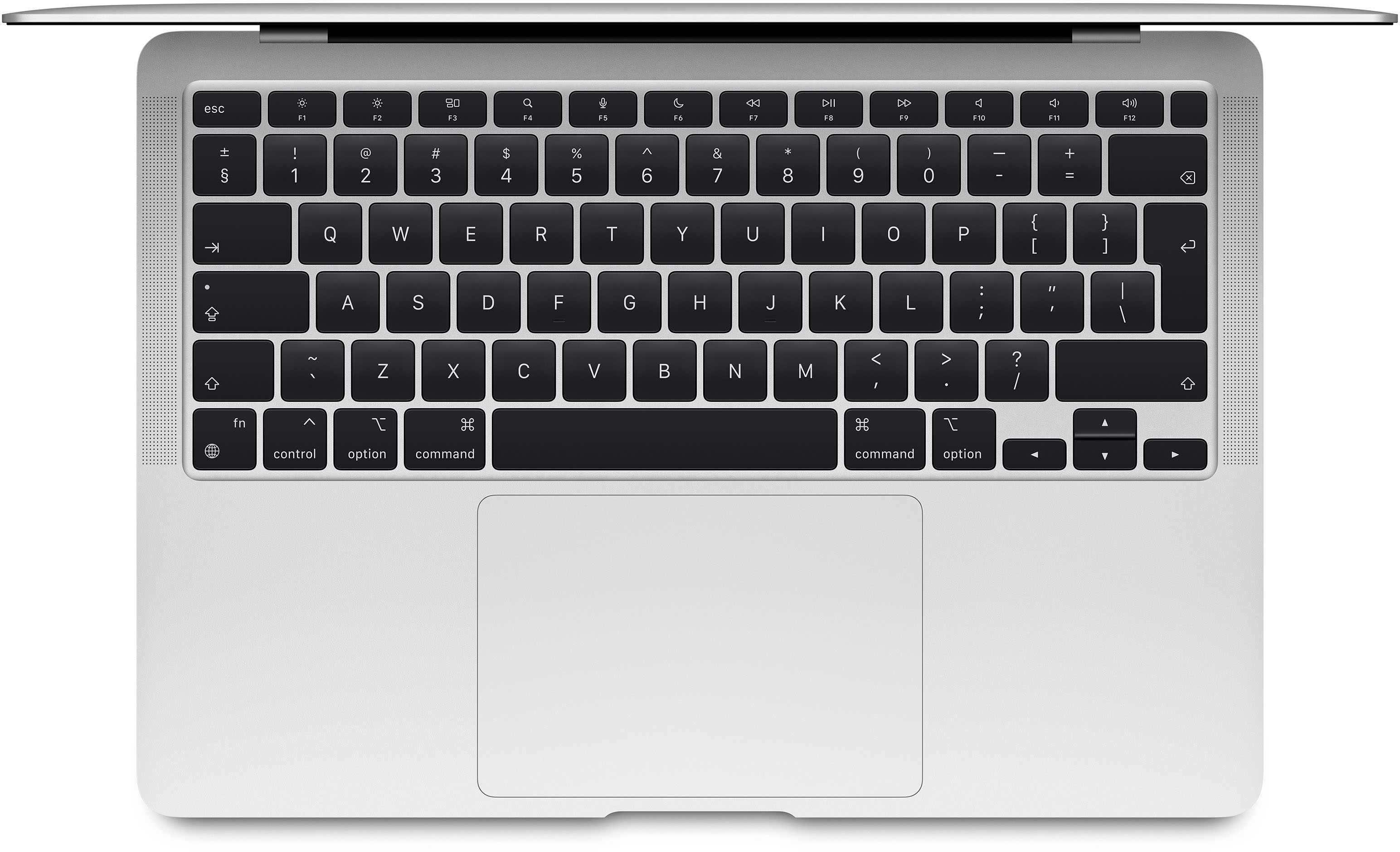 Draufsicht auf eine Laptop-Tastatur mit Tasten, Trackpad und Aluminiumrahmen. Schwarze Tasten mit weißer Schrift.