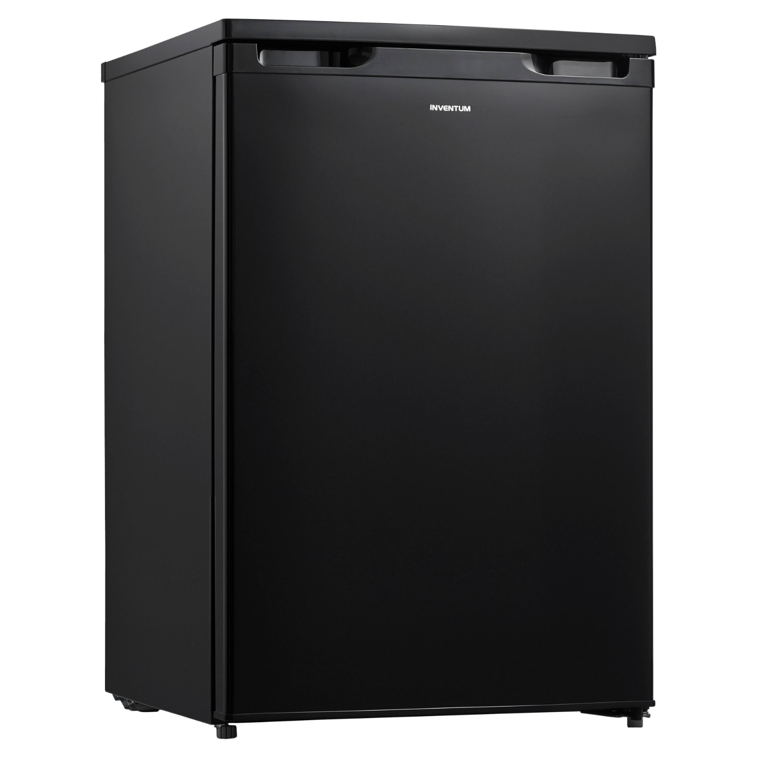 A black Inventum refrigerator. The refrigerator is closed.