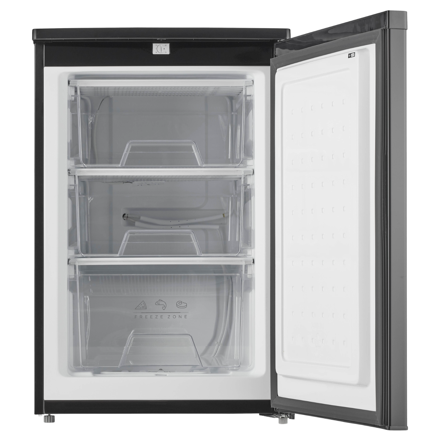 Freezer with door open, showing three drawers with 'Freeze Zone' labels.