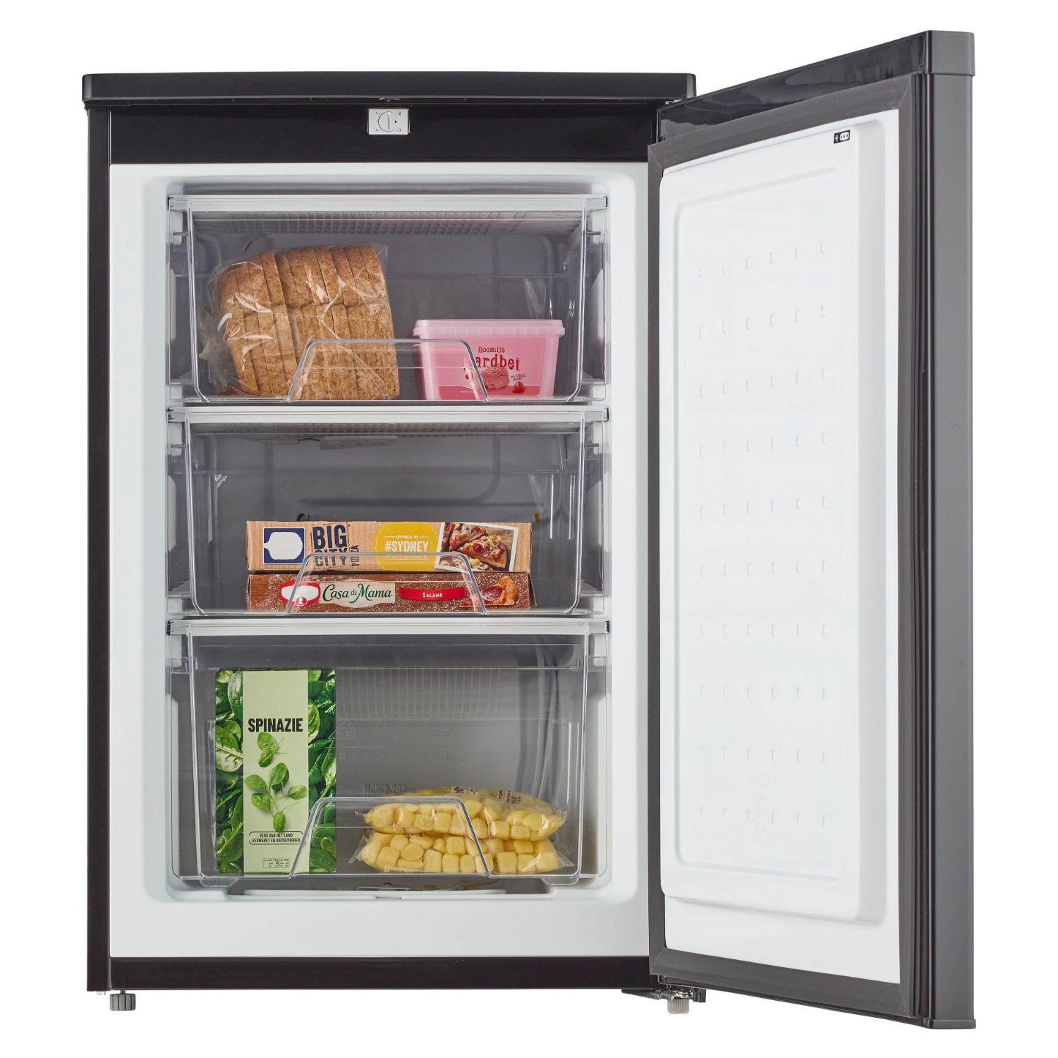 Black freezer interior with drawers and frozen food. White door open.