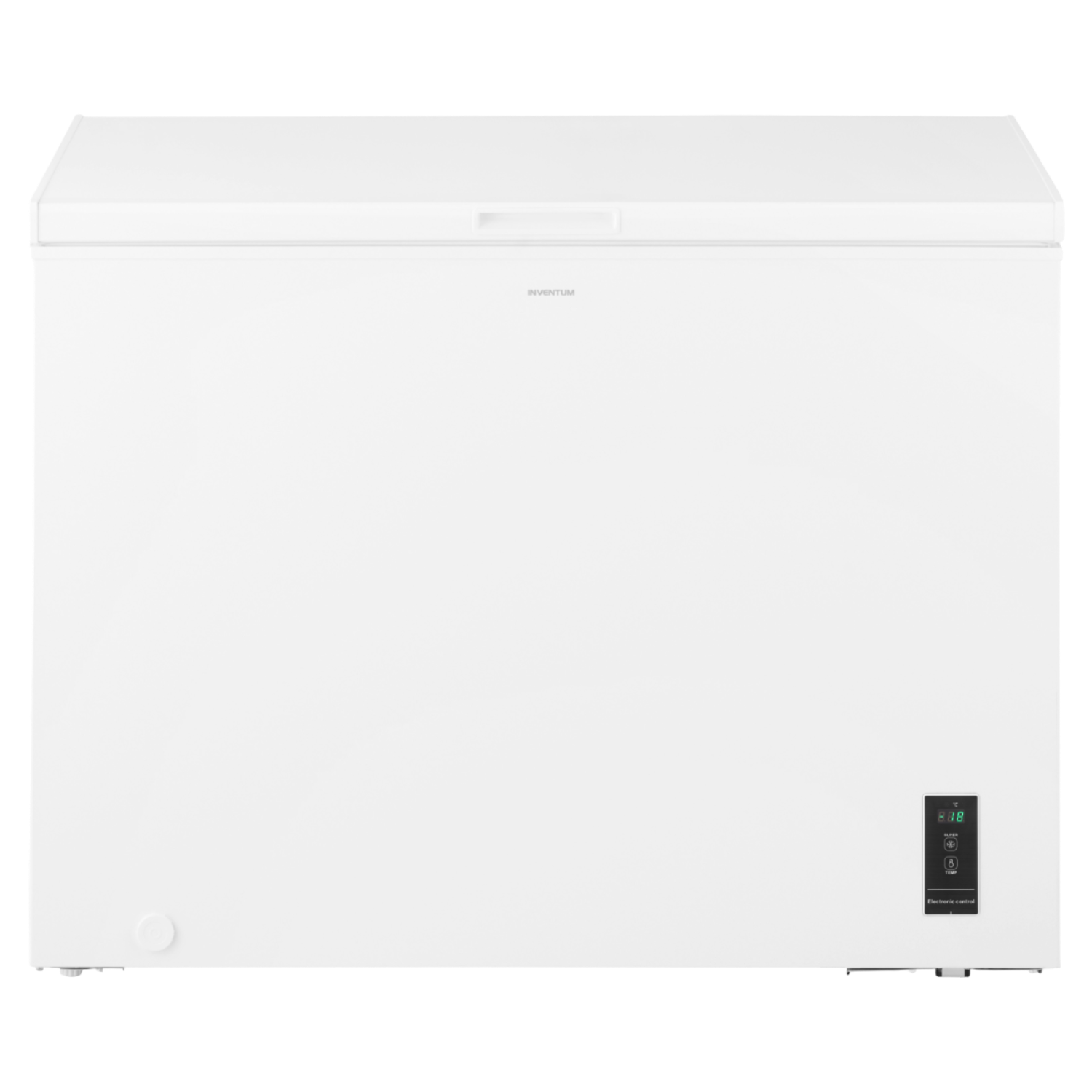 A white chest freezer with a control panel on a white background.