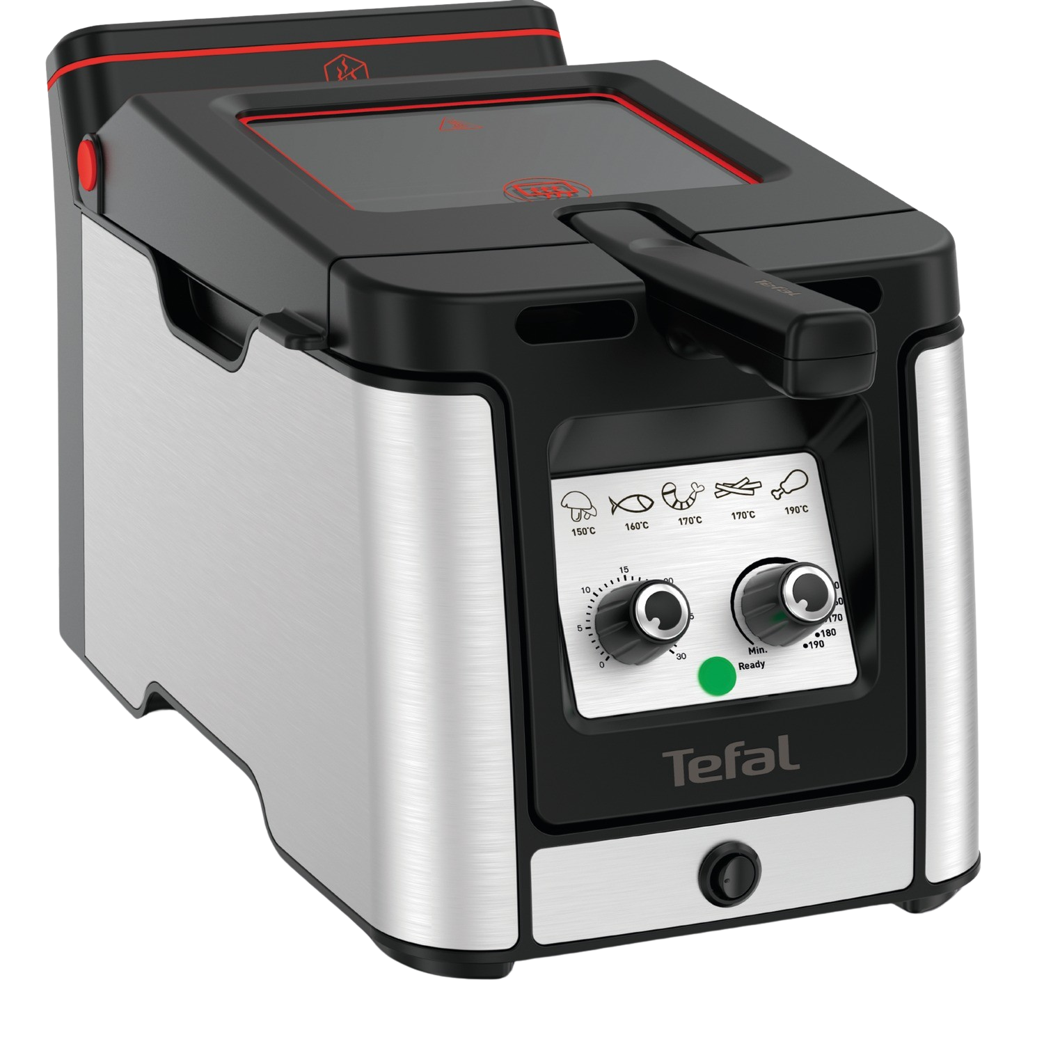 Srebrno-czarna frytownica. Widoczne pokrętła temperatury i timera.