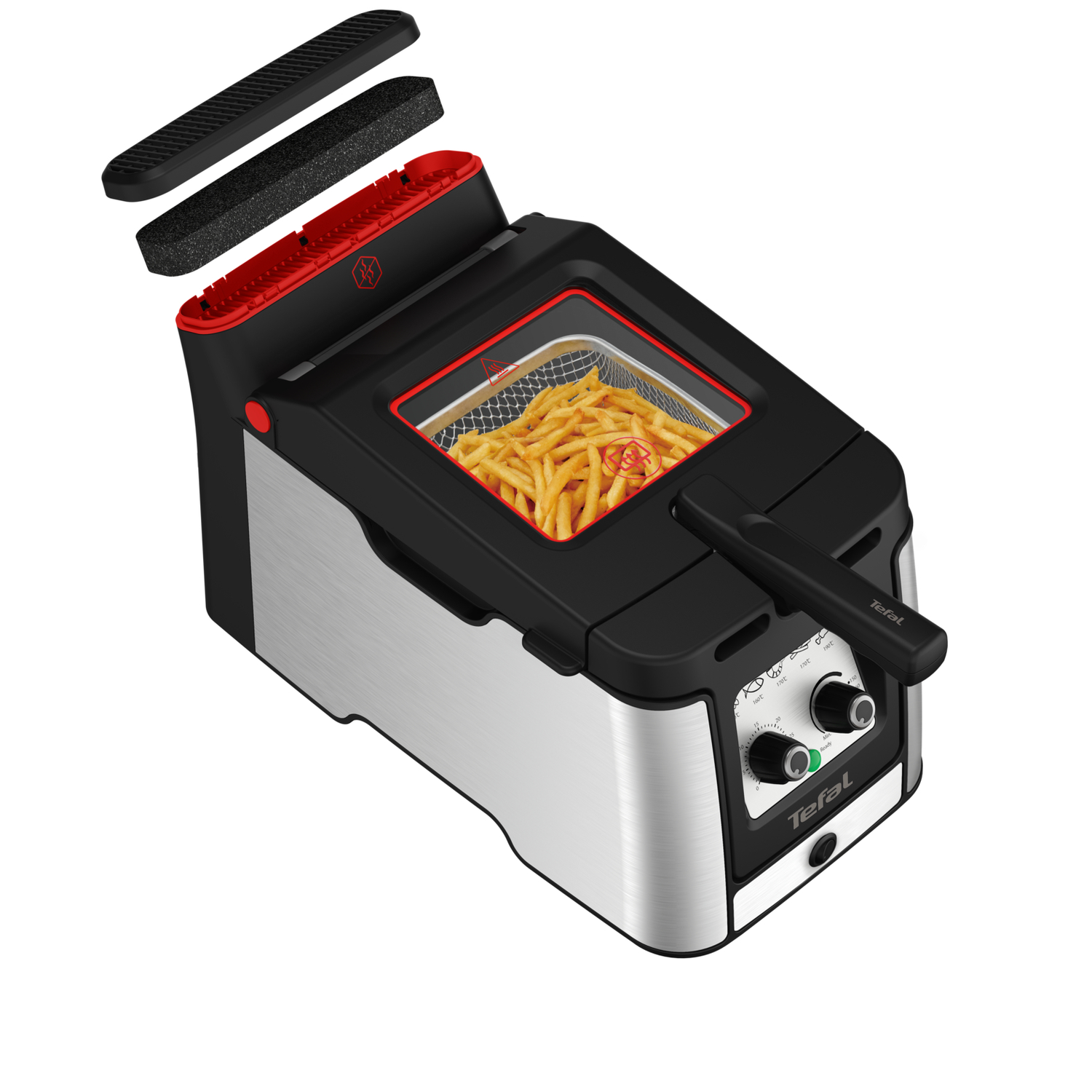 Frytownica z frytkami w koszu. Ma czarne i srebrne części oraz czerwony uchwyt.