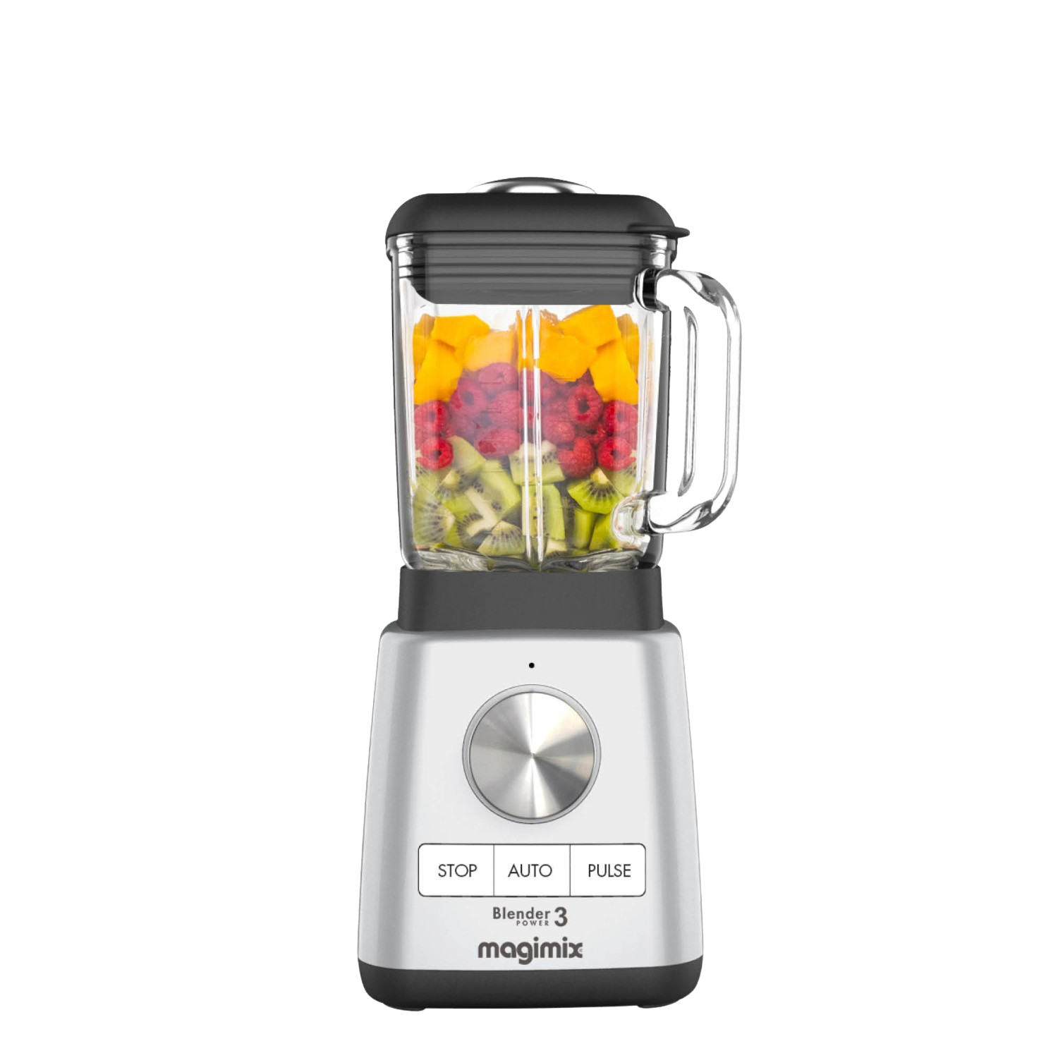 A silver blender with a glass jar filled with colorful fruits: mango, raspberries, and kiwi.