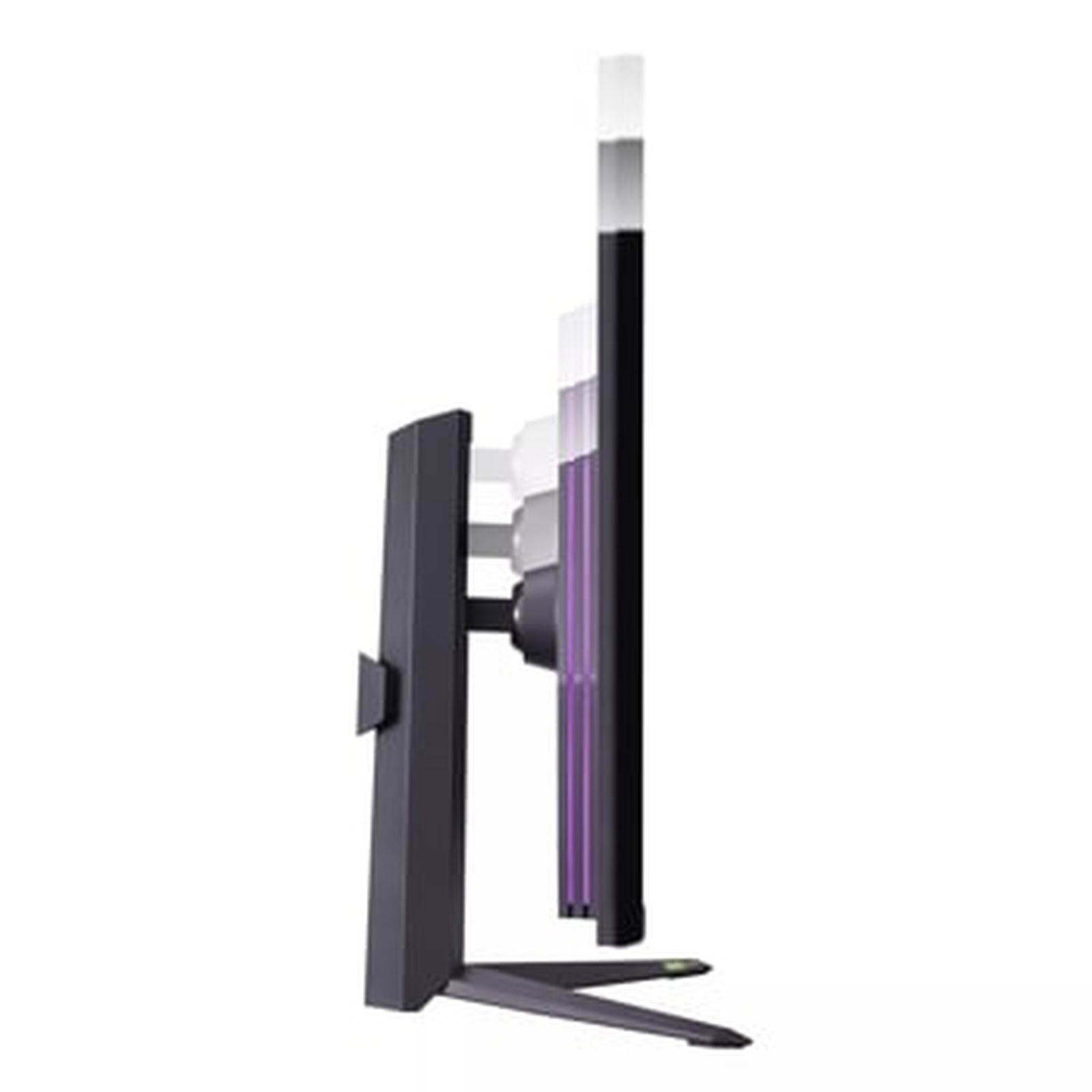 Widok z boku monitora komputera, czarna ramka, podstawka i fioletowe akcenty. Białe tło.