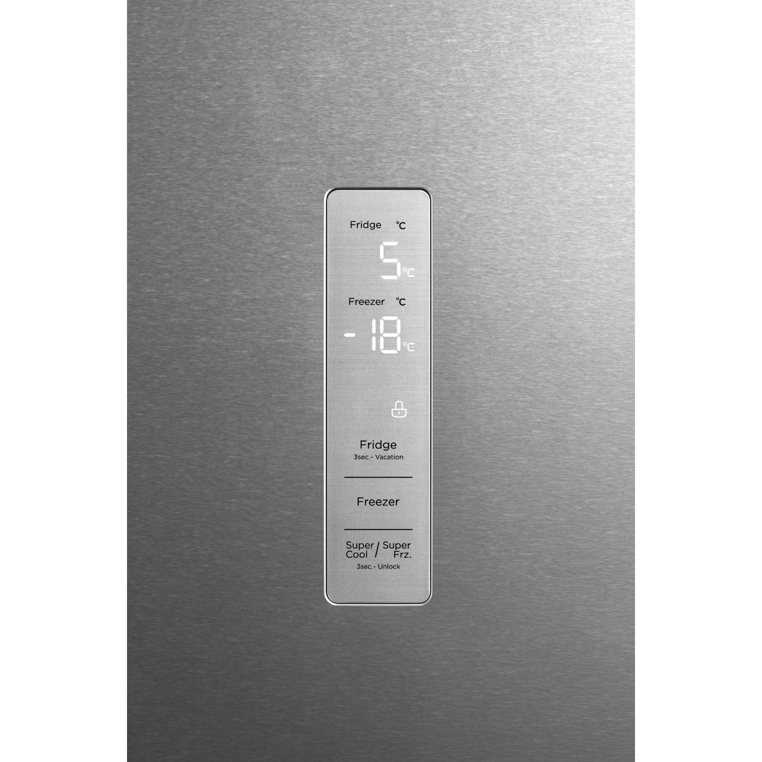 Nahaufnahme eines Kühlschranktür-Bedienfelds mit Temperatur und Einstellungen.