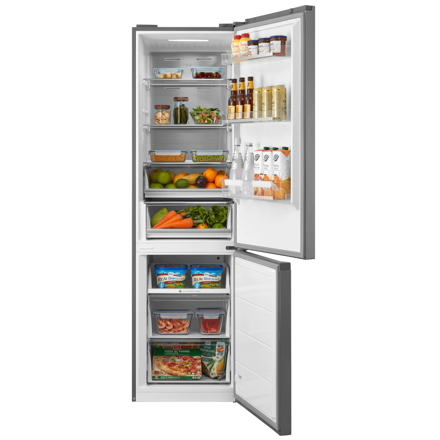 Offener Kühlschrank mit Lebensmitteln in Fächern, darunter Obst, Gemüse und Tiefkühlkost.