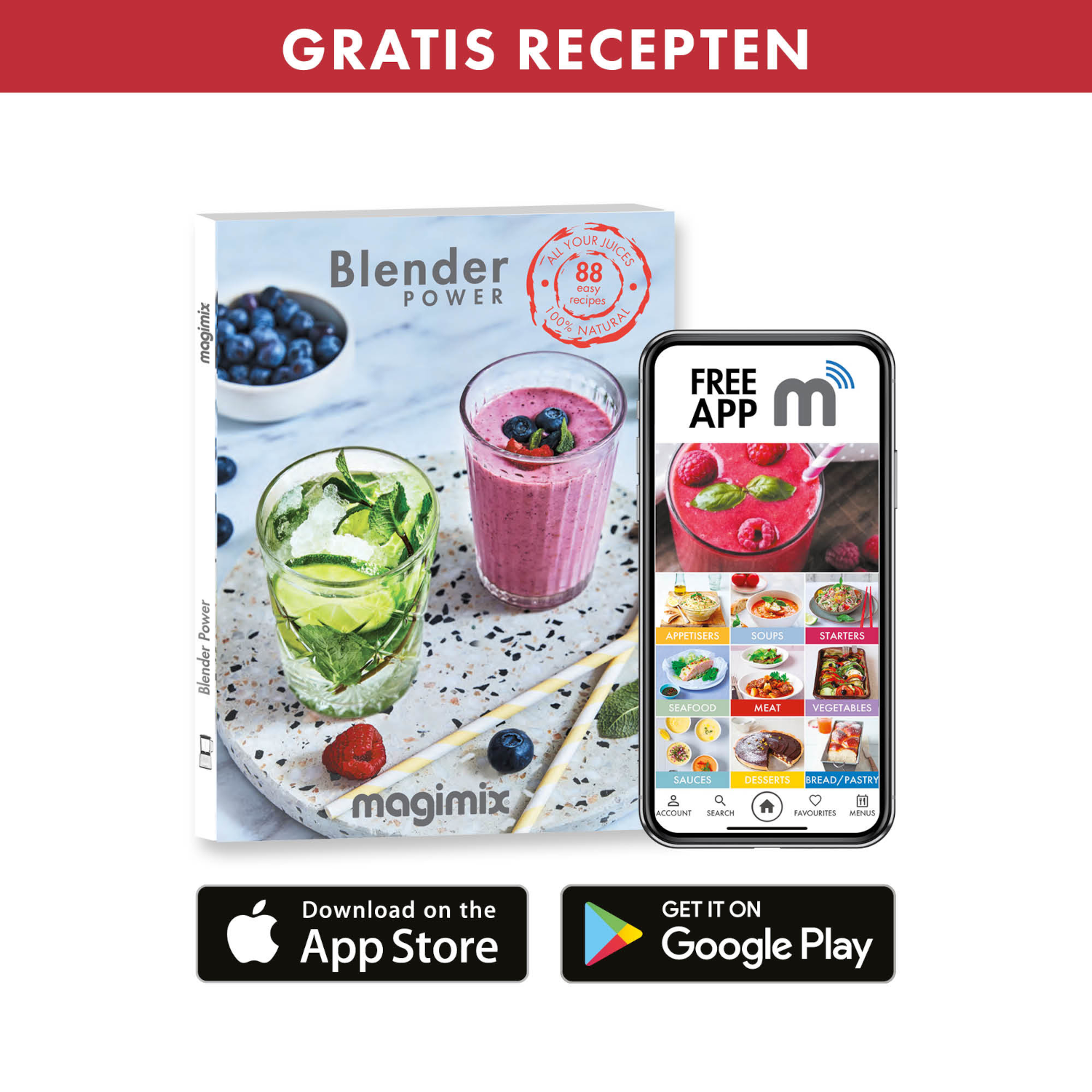 Een receptenboek, een telefoon met een app en twee glazen smoothie worden getoond.