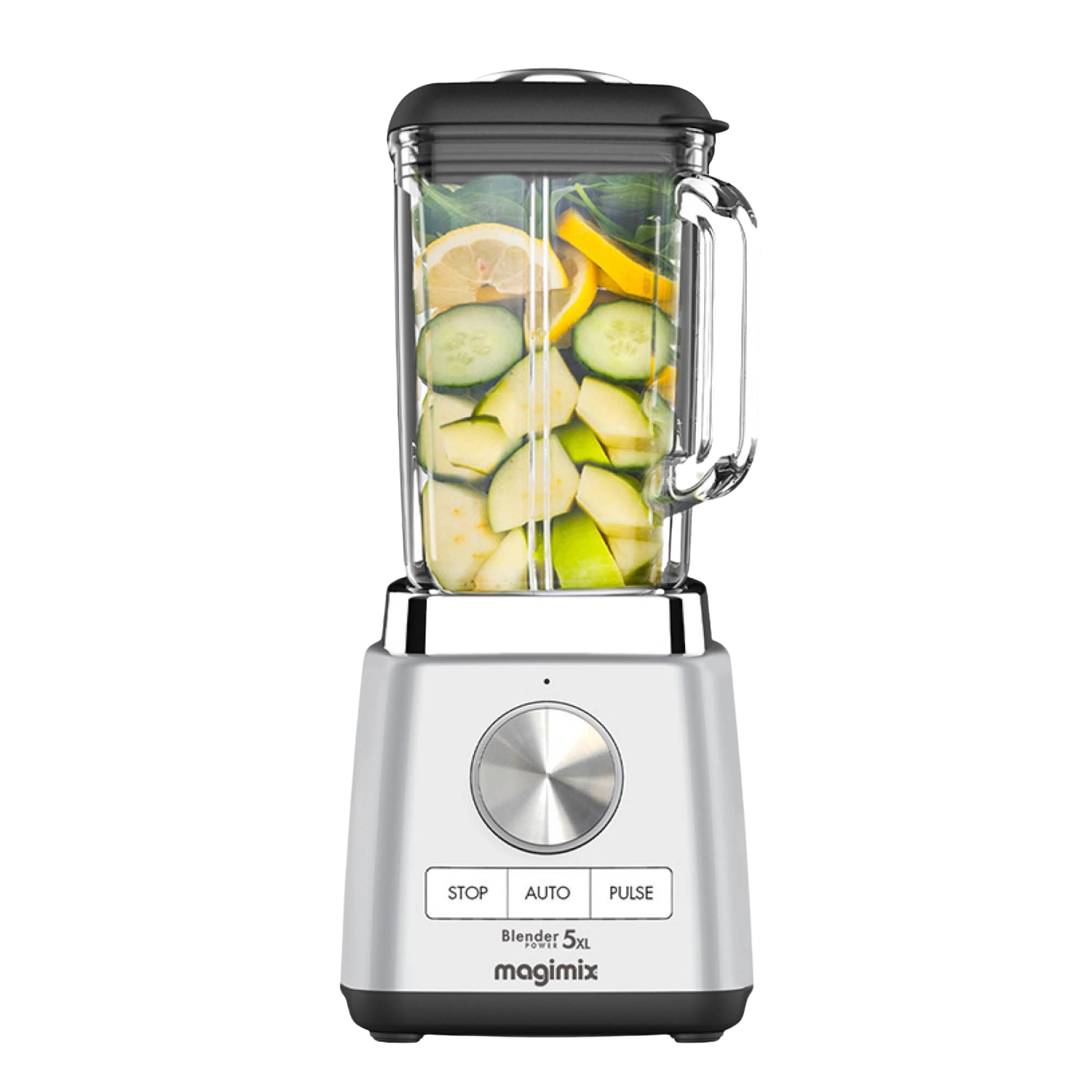 Zilveren blender met ingrediënten: citroenen, komkommers, appels en spinazie.