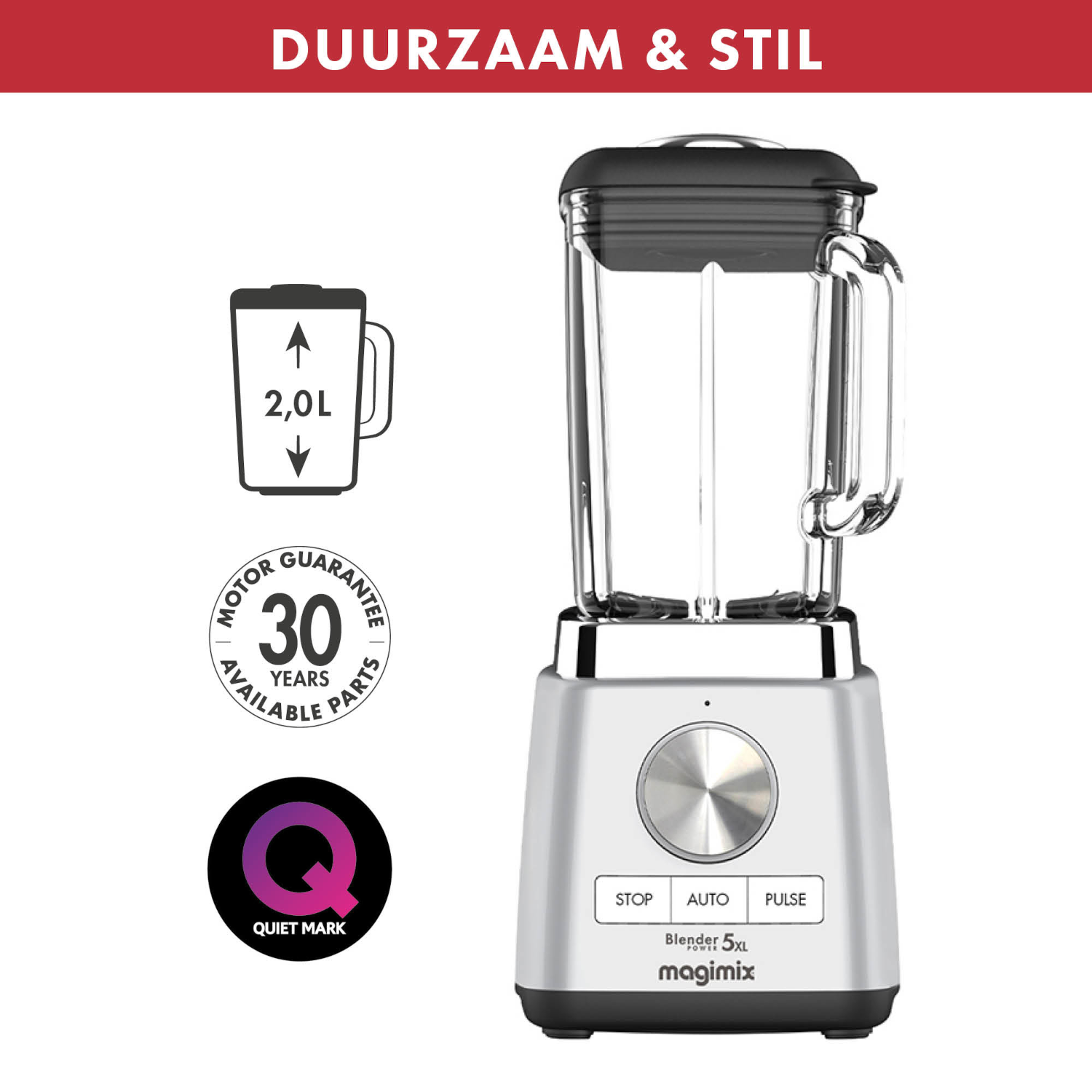 Blender met kan, basis en knoppen. Leest “Blender 5XL magimix”. Achtergrond is wit met tekst.