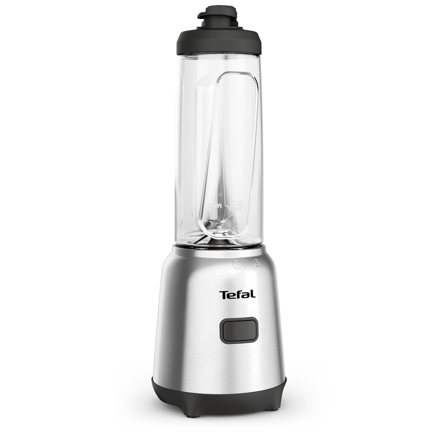 Frullatore Tefal argento con contenitore trasparente e coperchio nero, su base nera.