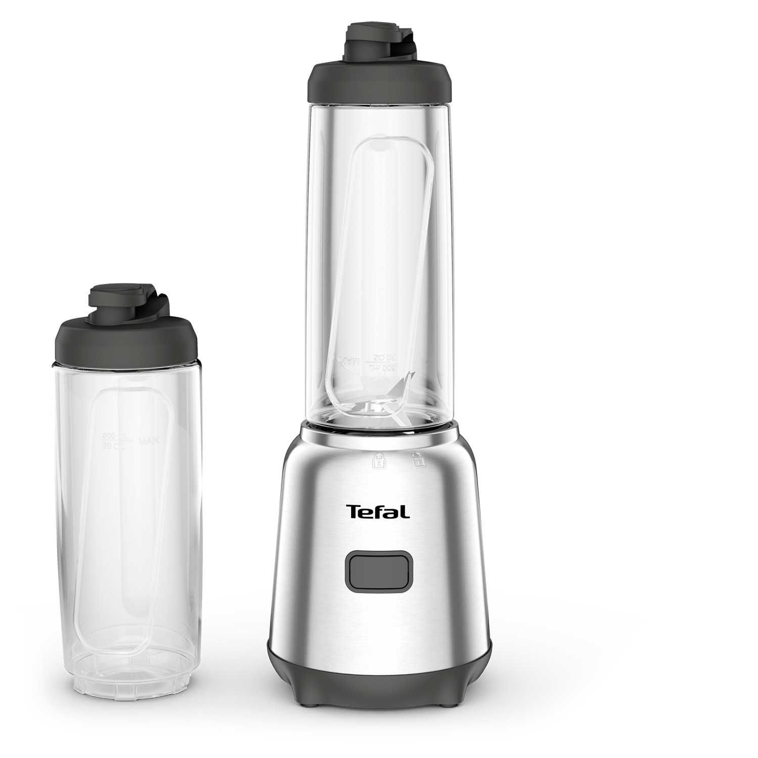 Frullatore Tefal con due bottiglie. Una bottiglia è attaccata al frullatore. Base argentata. Sfondo nero.