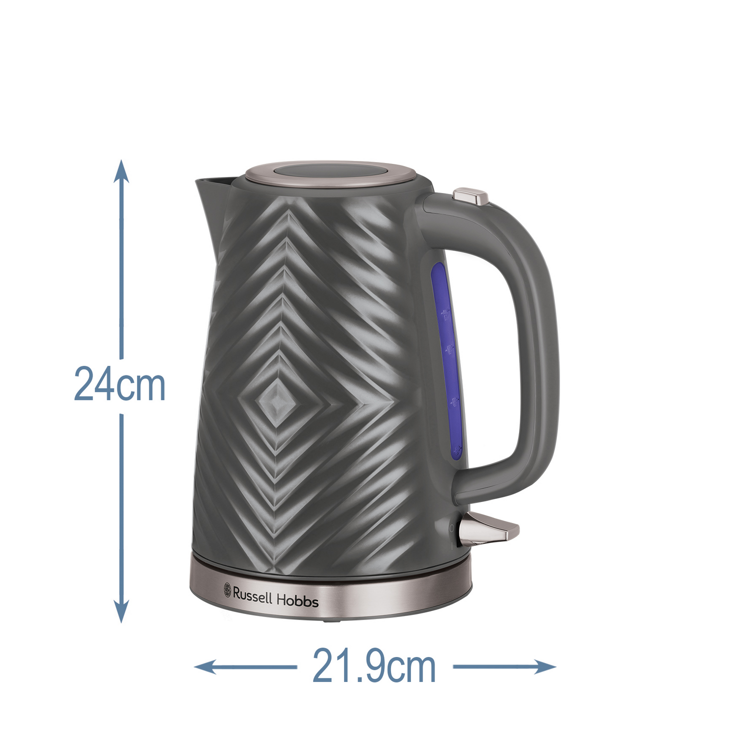 Bouilloire électrique grise avec dimensions de 24 cm de haut et 21,9 cm de large.