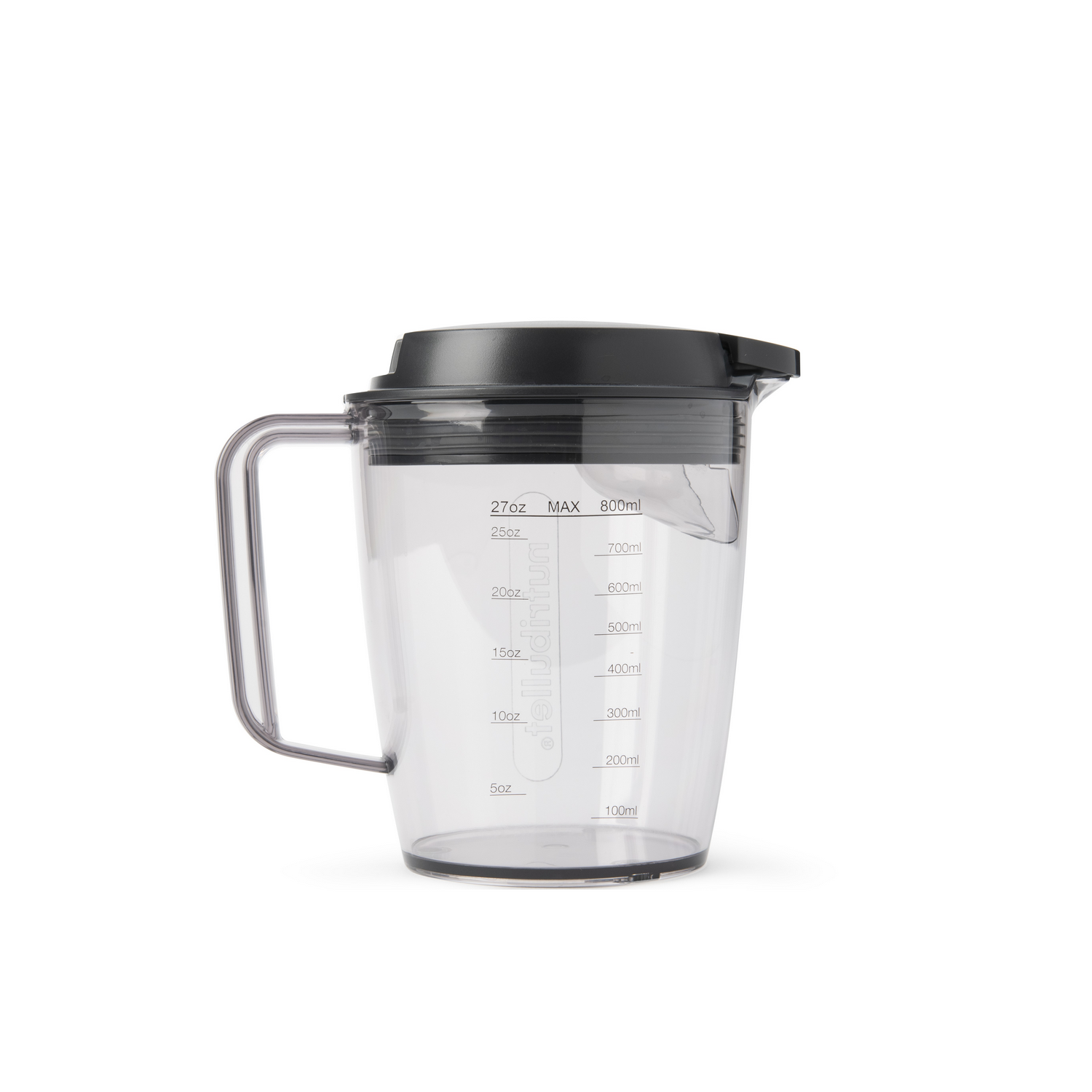Clear measuring jug with black lid and handle. Graduated markings on the side show volume.