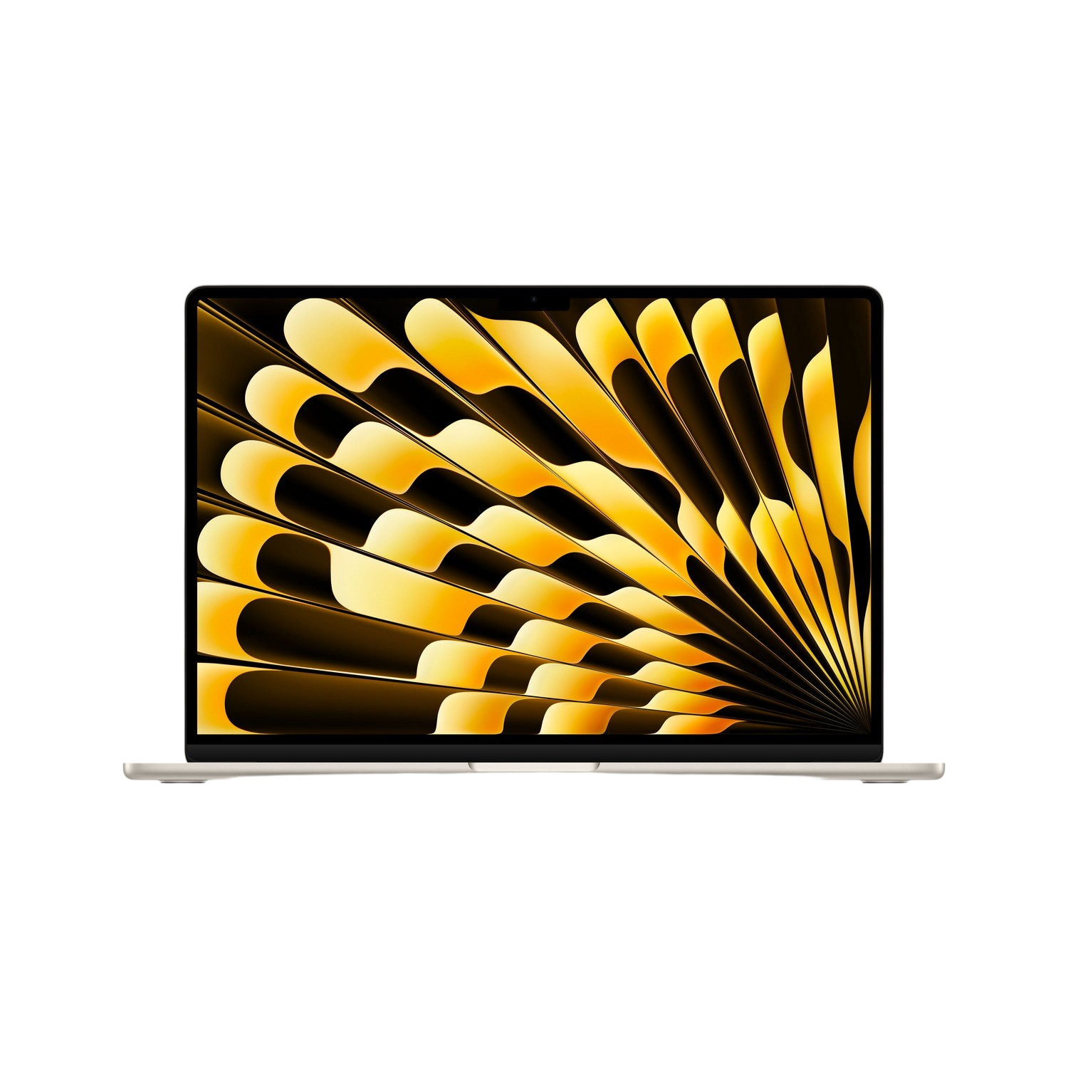 Laptop ze złotym i żółtym wzorem na ekranie, zamknięty na czarnym tle.