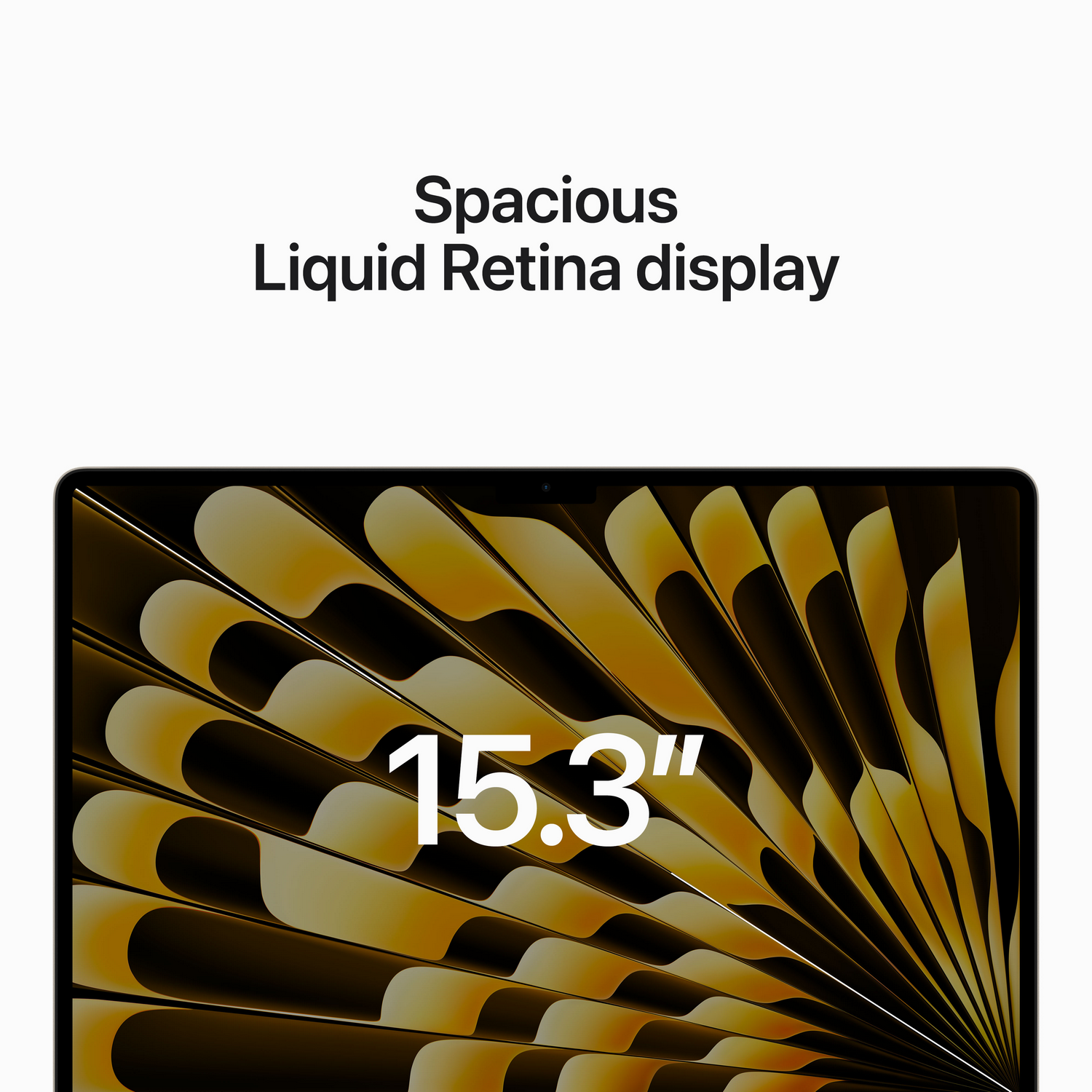 Zbliżenie ekranu laptopa, pokazujące duży wyświetlacz. Tekst brzmi "15.3" Liquid Retina display.