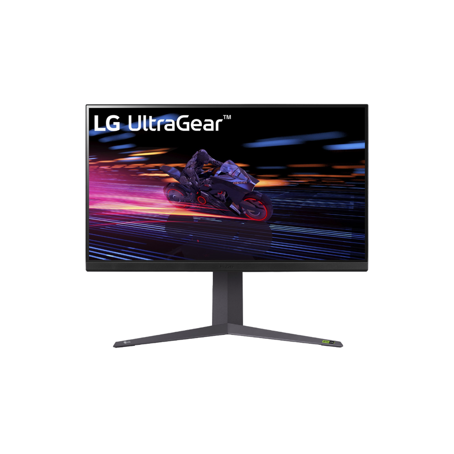 Monitor LG UltraGear, mostra un gioco con una moto. Cornice nera, supporto grigio. Sfondo nero.