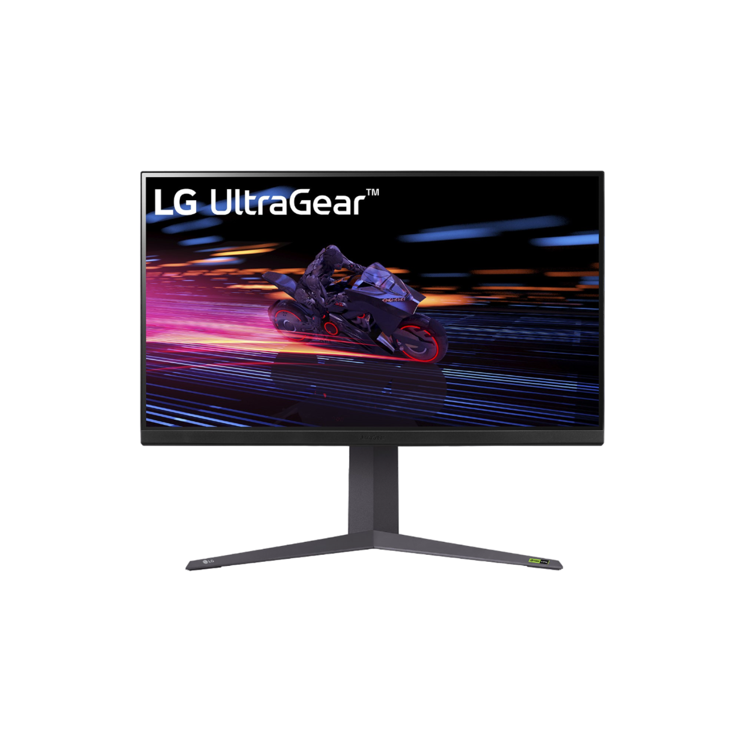 Monitor LG UltraGear che mostra un gioco di corse, sfondo nero.