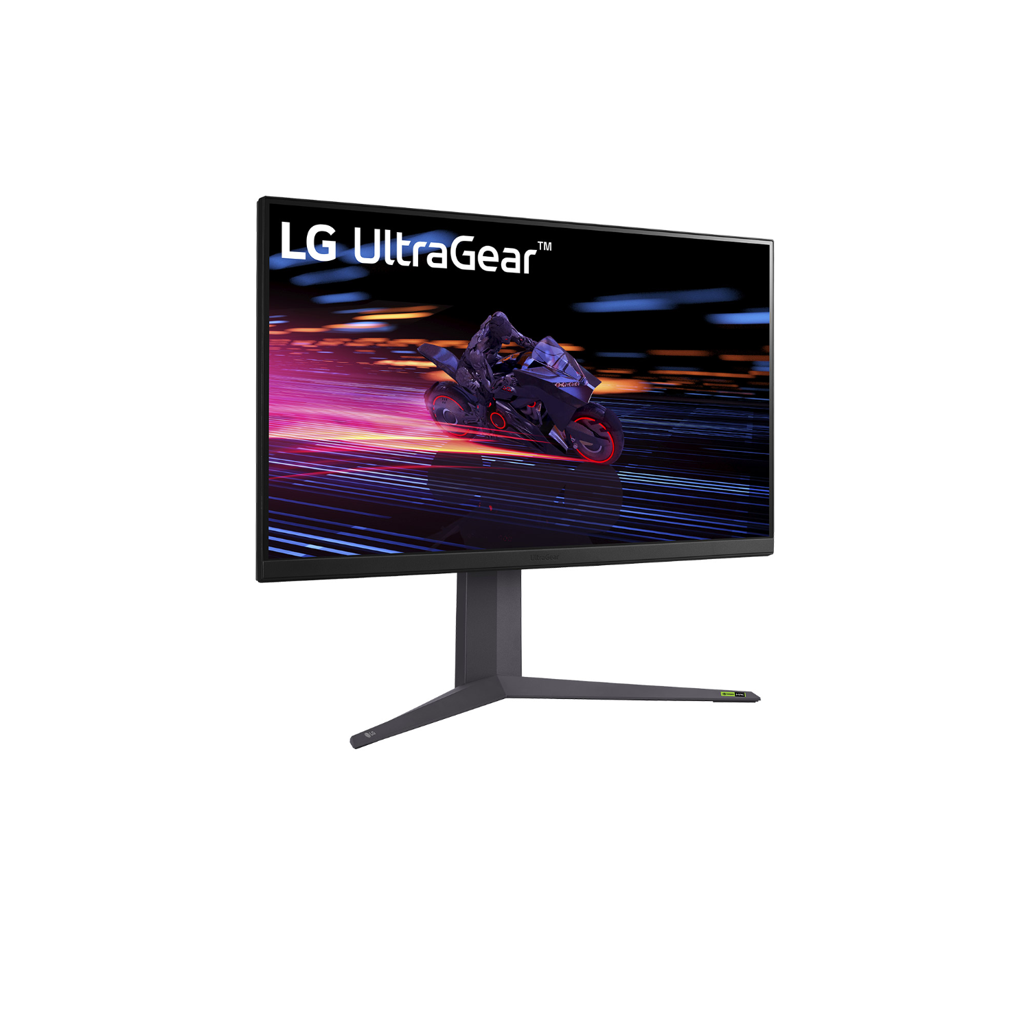 Monitor LG UltraGear con gioco di corse di moto. Supporto nero, dettagli verdi.