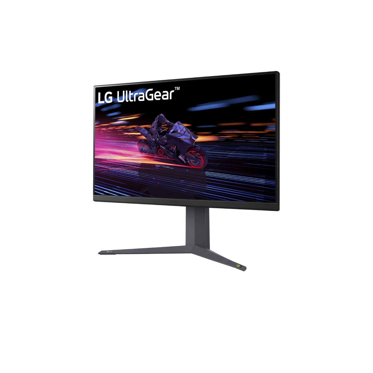 Monitor LG UltraGear su sfondo nero che mostra un gioco di corse motociclistiche.