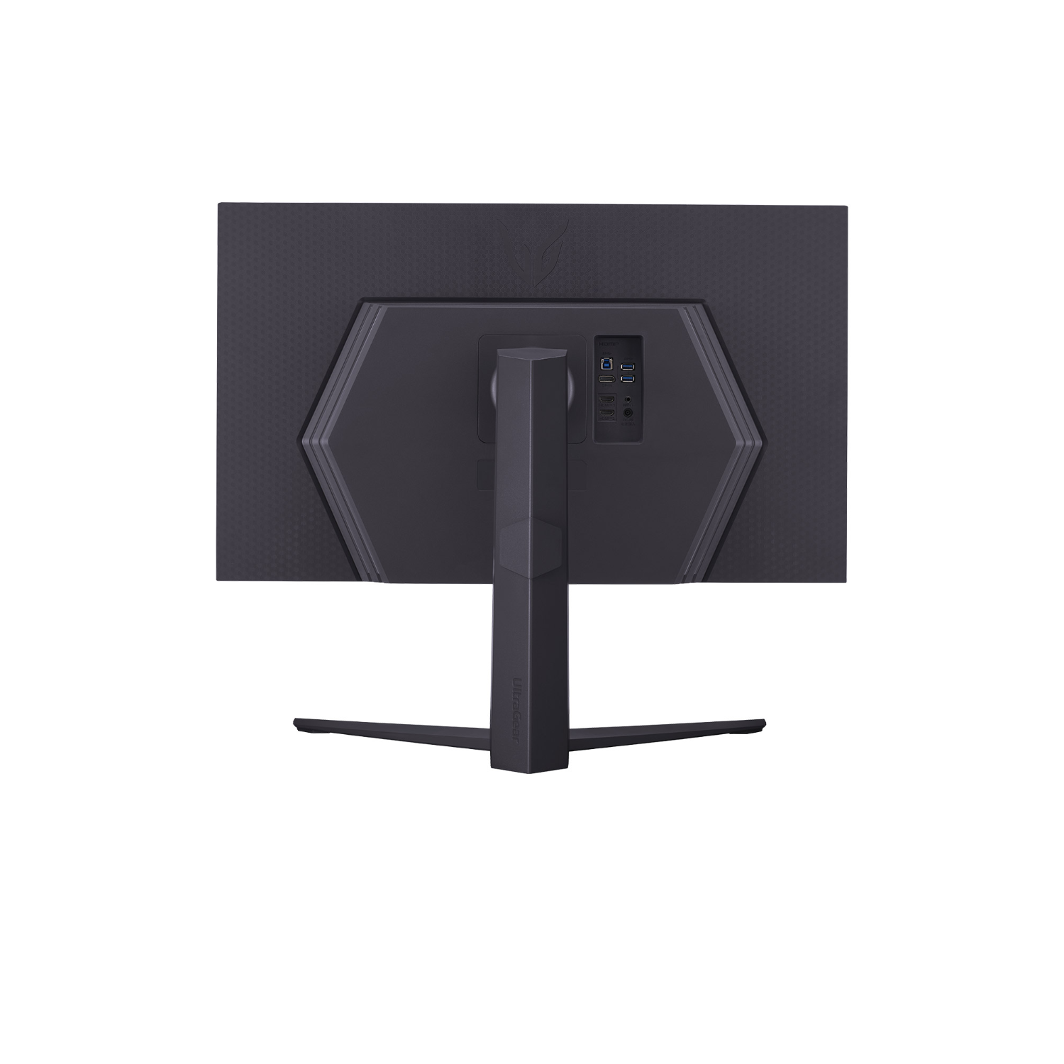 Retro di un monitor nero con porte e supporto.