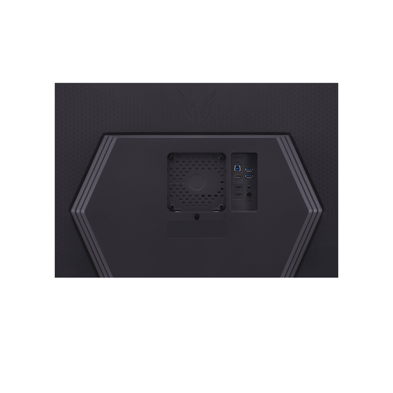 Retro di un monitor nero con porte e un design a nido d'ape.