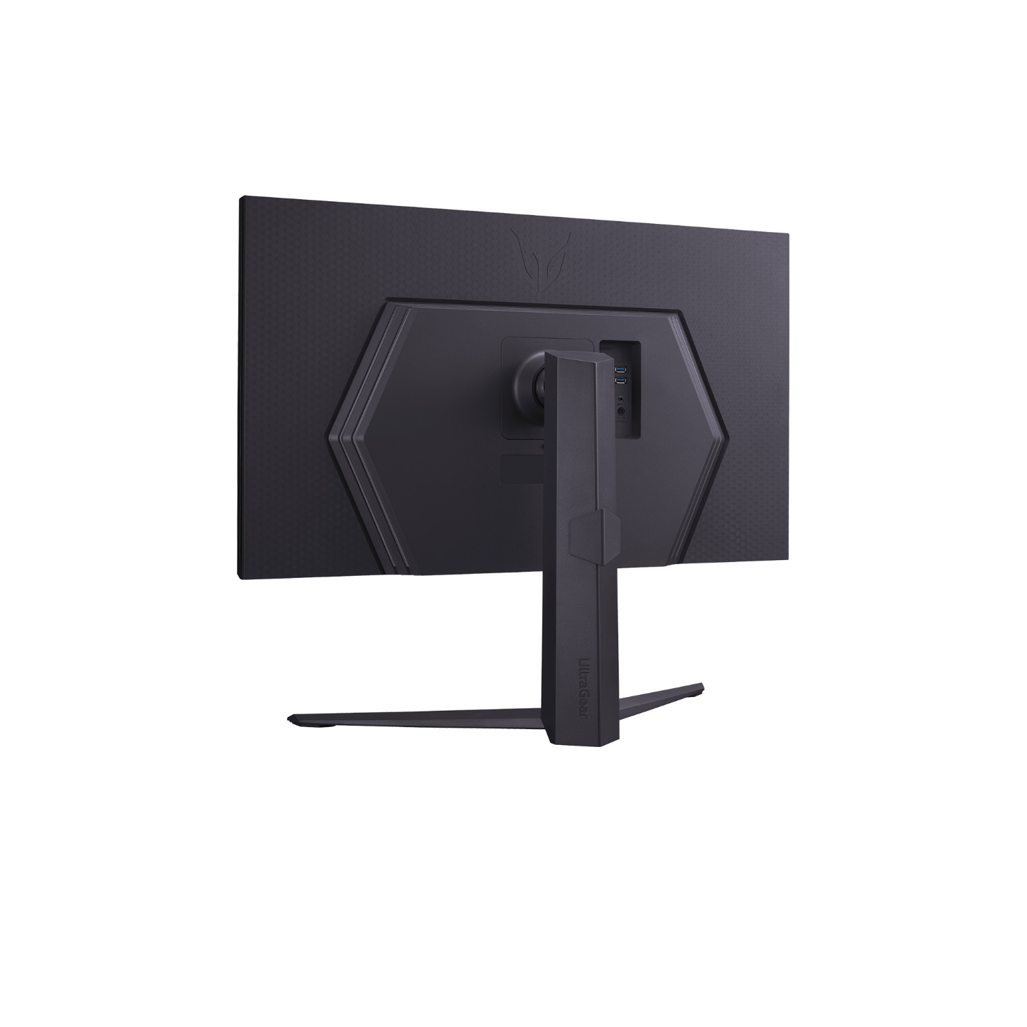 Monitor gaming nero, vista posteriore. Supporto, porte e logo LG Ultragear.