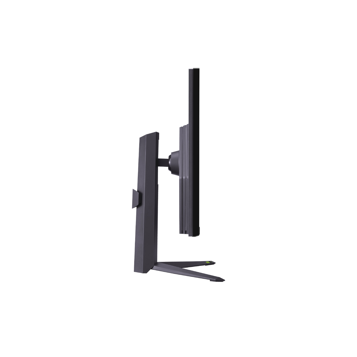 Vista laterale di un monitor nero con supporto su sfondo bianco.