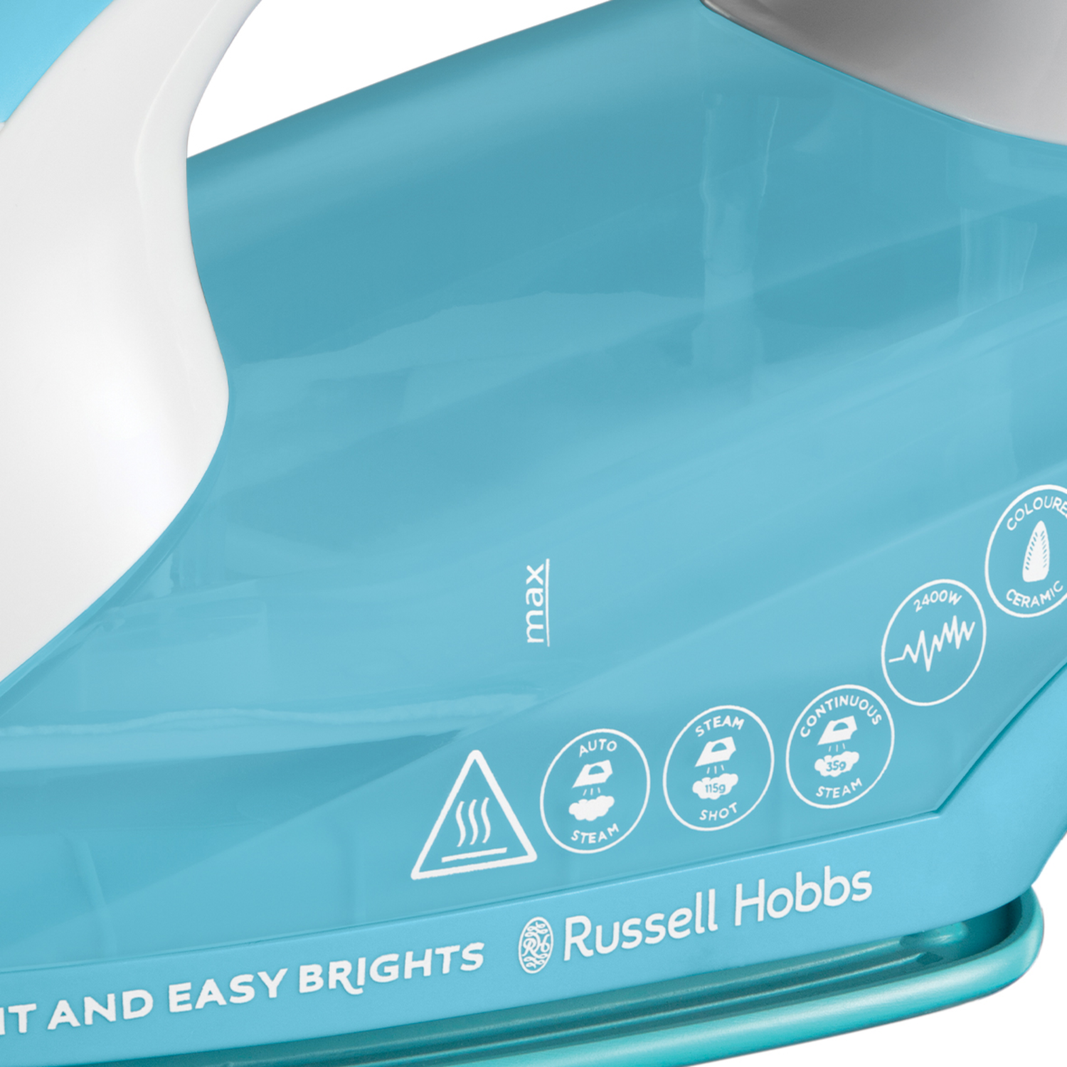 Niebiesko-białe żelazko z logo Russell Hobbs. Ustawienia pary z boku. Białe tło.