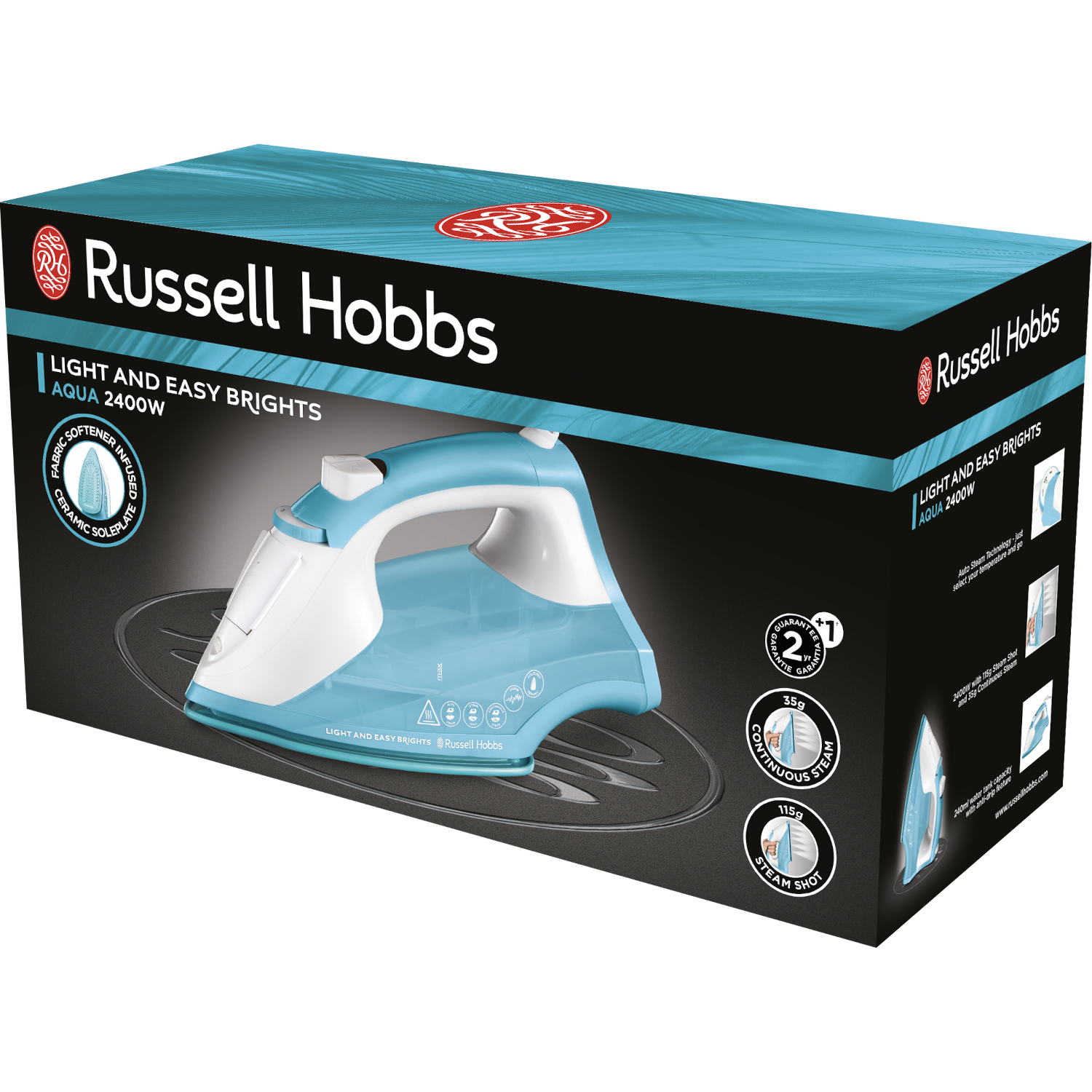 Niebieskie i białe żelazko w pudełku. Pudełko zawiera tekst: „Russell Hobbs” i „Aqua 2400W”.