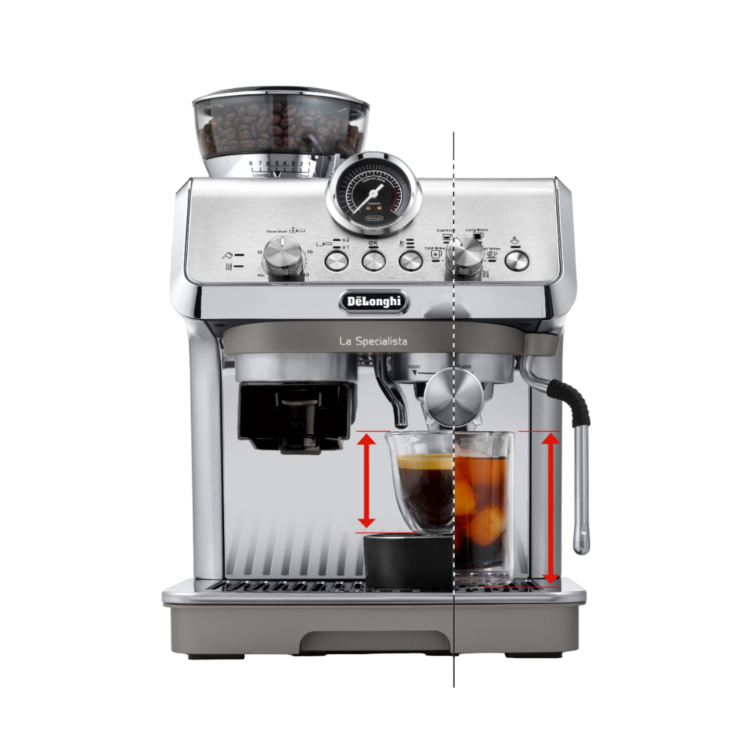 Ekspres do kawy Delonghi. Stal nierdzewna, z filiżanką espresso i szklanką.