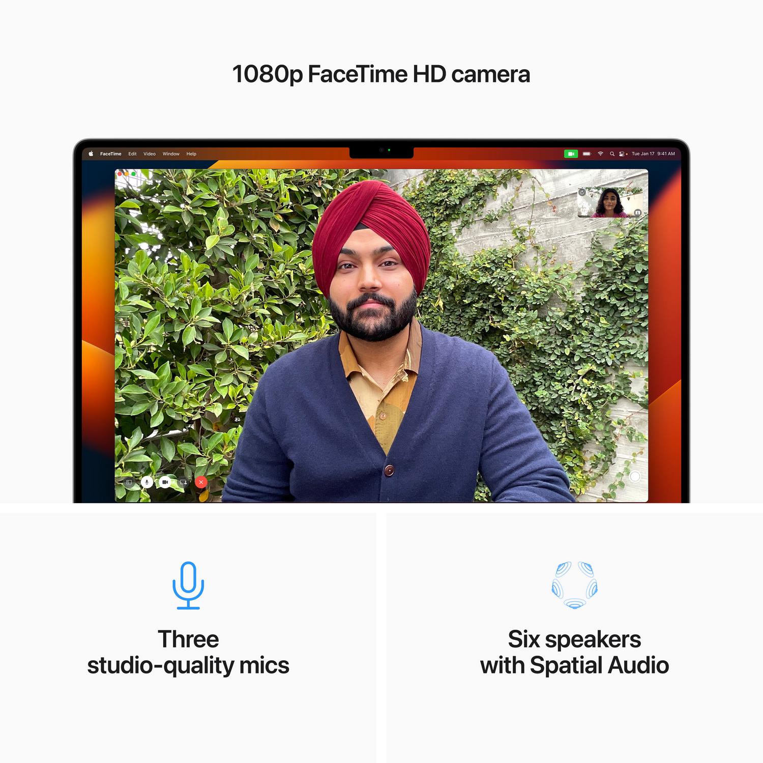 Ekran laptopa wyświetlający rozmowę wideo. Tekst: Kamera FaceTime HD 1080p.