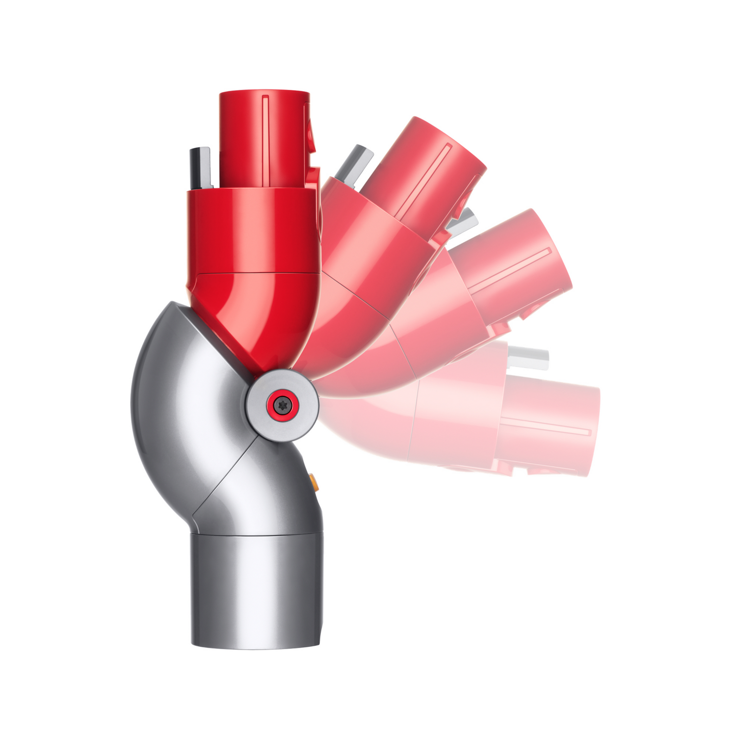 Accessorio per aspirapolvere Dyson rosso e argento. Diverse angolazioni mostrano la testa regolabile.